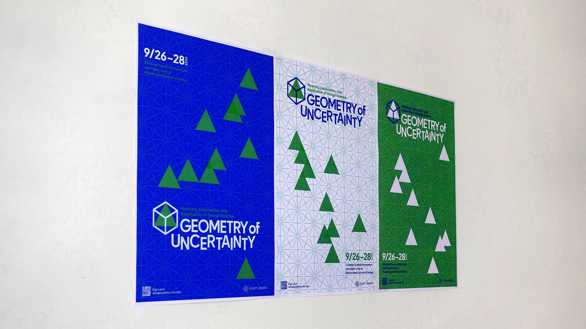 A combination of three vertical poster sharing similar design but in different color palette. The content is promotional information for an educational symposium.