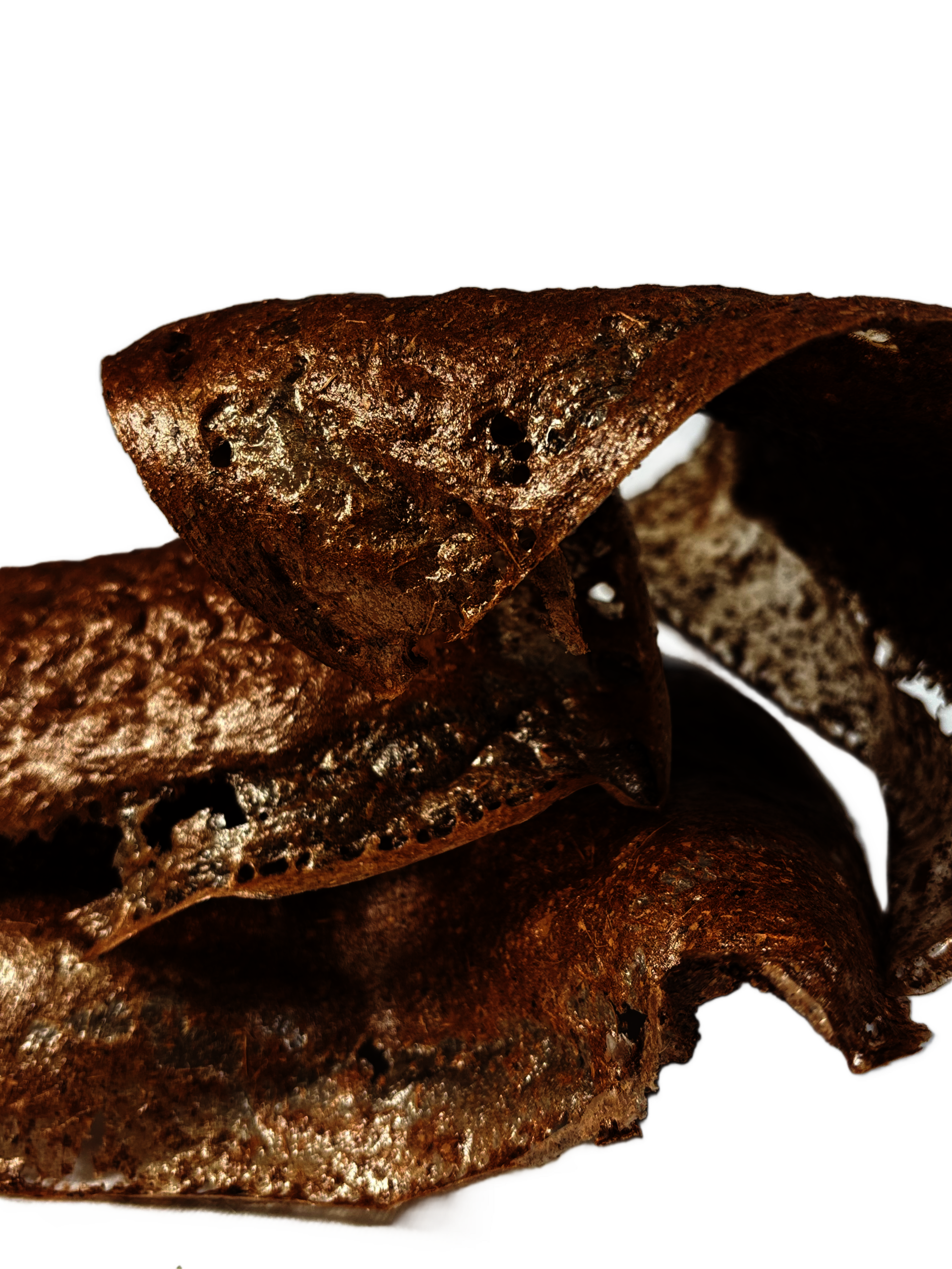 a close-up of layered fallen-leaf bio-composite pieces, warm brown and glossy with a pitted surface. Curled edges create spaces between layers.