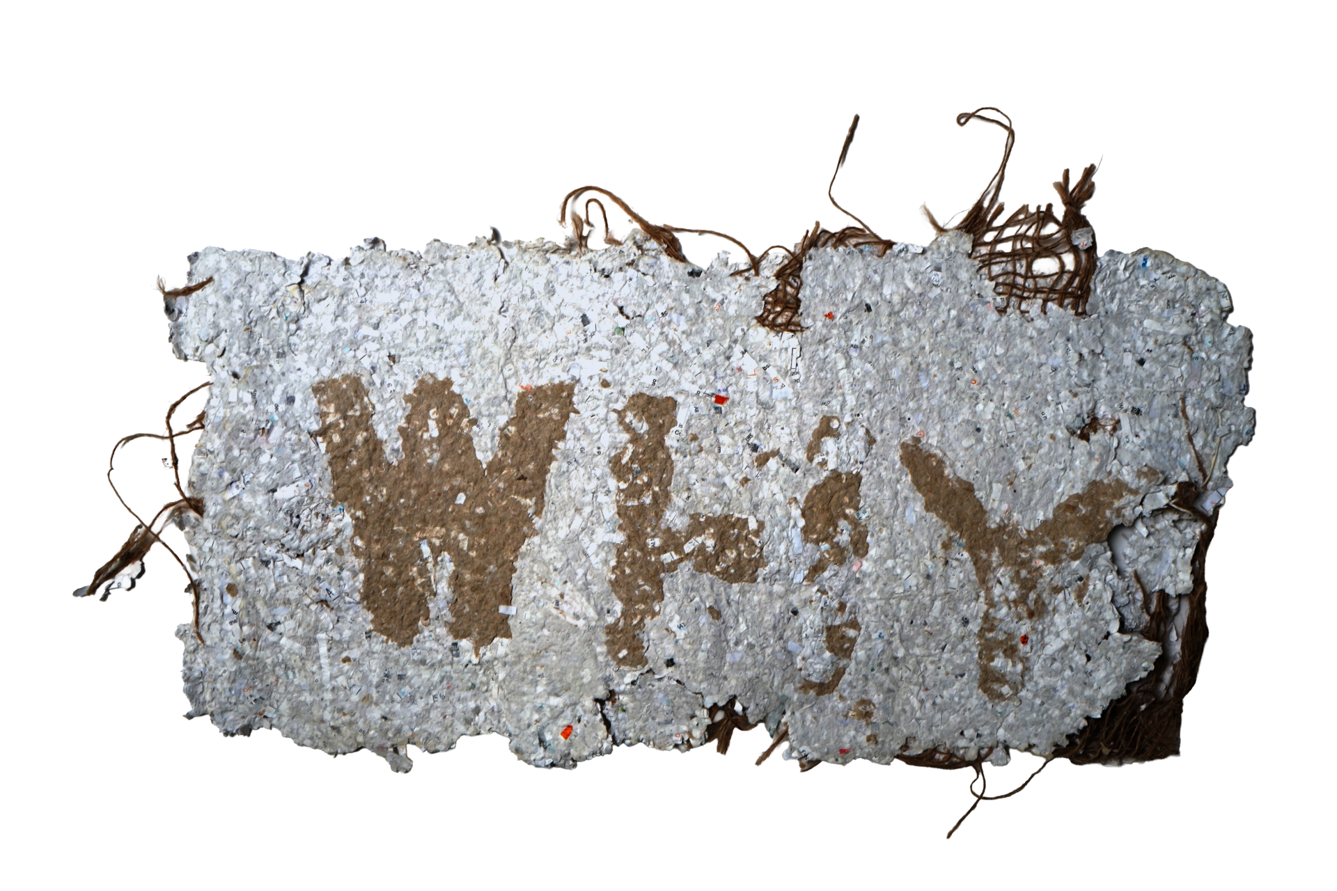 Image of handmade paper with visible fragments. Pulp-painting reads "WHY".