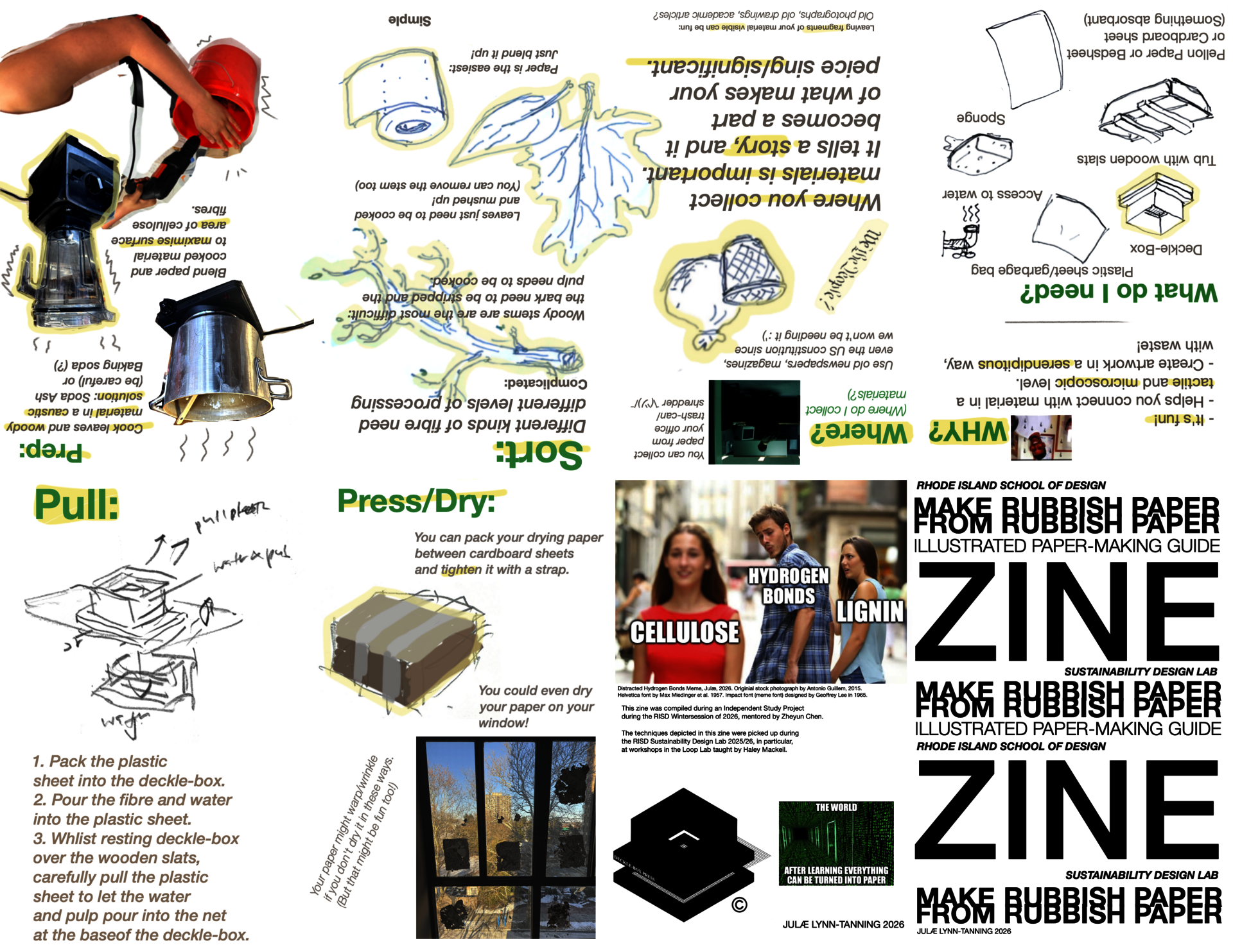 Image of zine with humorous illustrated description of paper-making pedagogy process. 