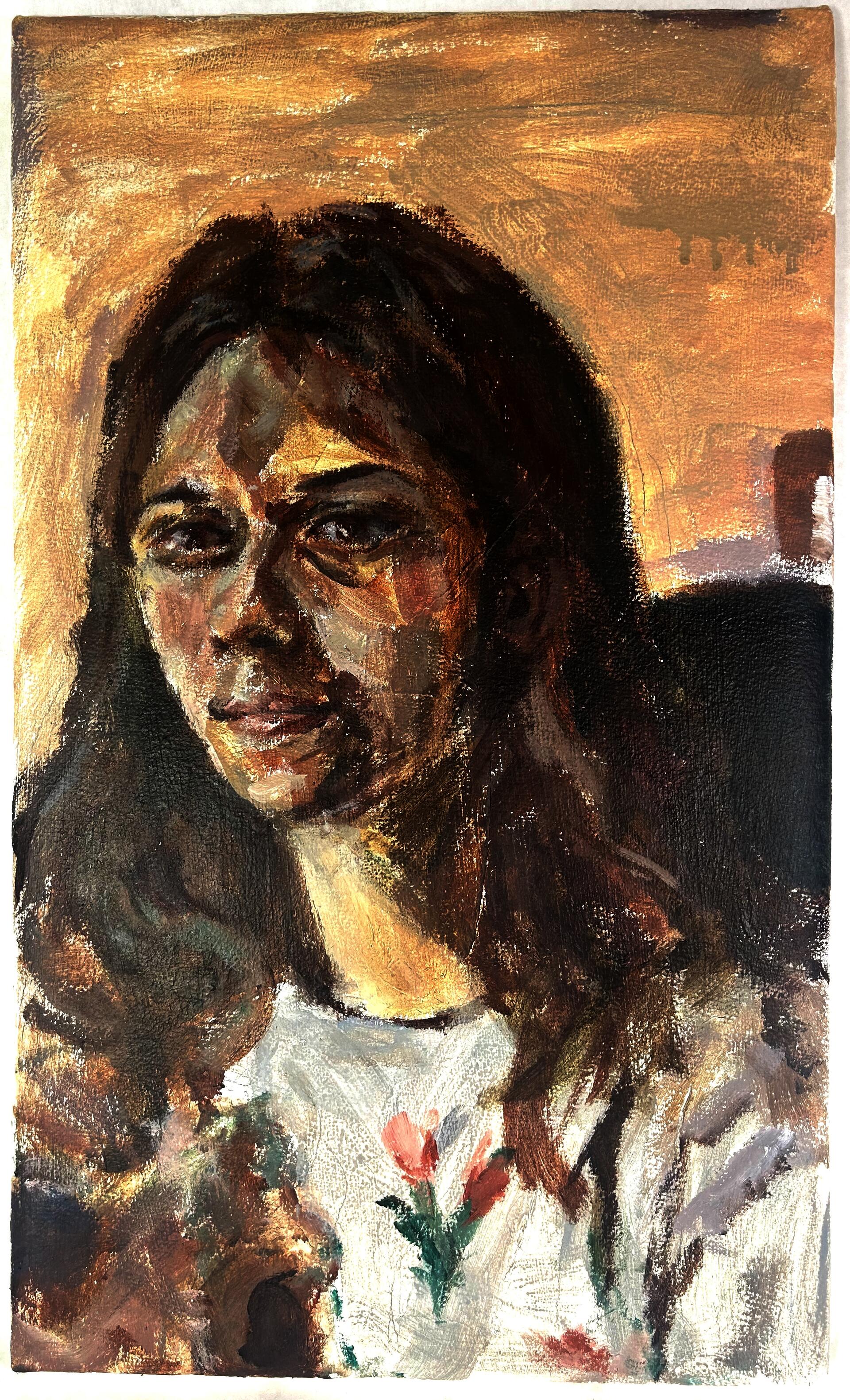 Representational painting with warm tones of a young lady with bright thoughtful eyes, long brown hair and a white jumper with a flower depicted. 
