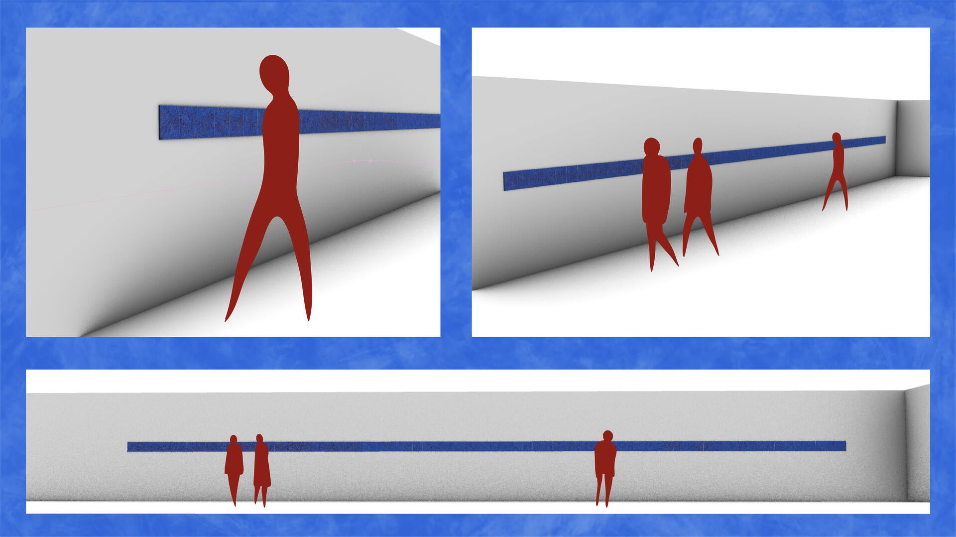 Three architectural renders showing a long blue tile strip mounted on a white gallery wall at eye level, with human silhouettes standing nearby.