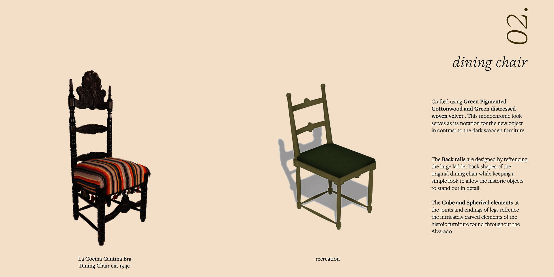 Two dining chairs side by side: left, an ornate dark carved wood chair with a colorful striped cushion; right, a simplified light green chair with clean lines and a green upholstered seat.