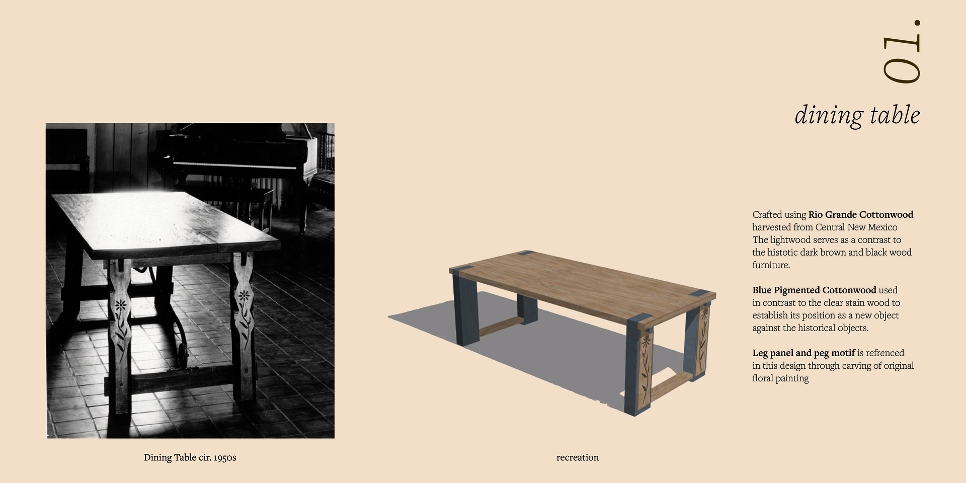 Historic table left: dark-stained wood with carved floral leg panels, sturdy trestle base, handcrafted detailing. Contemporary table right: light cottonwood with blue pigmented accents, clean rectangular form, simplified legs referencing traditional carved motifs.