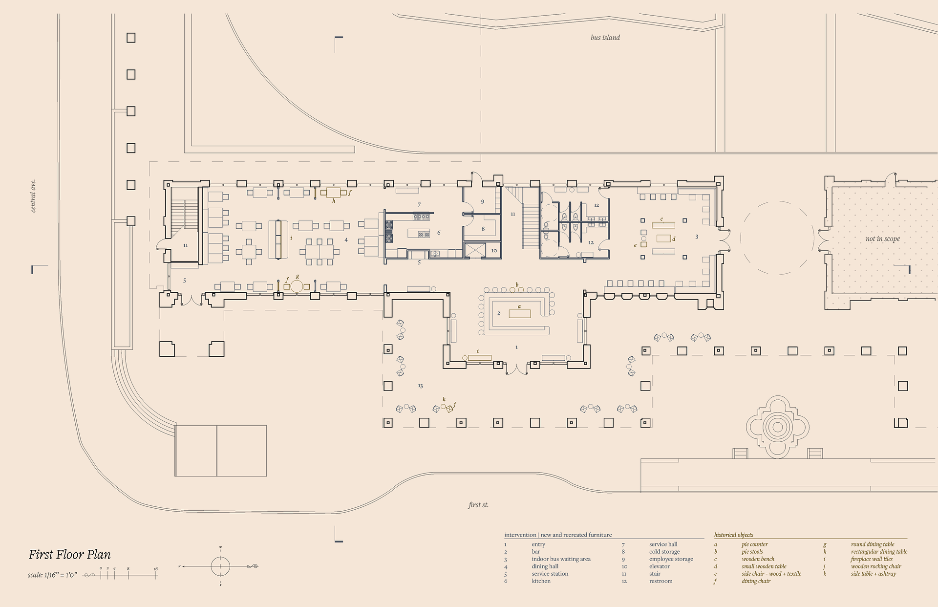 First-floor plan of a long rectangular building: central entry with bar, dining hall to left, bus waiting area to right, kitchen and service core centered, restrooms and circulation behind, outdoor seating along front plaza.