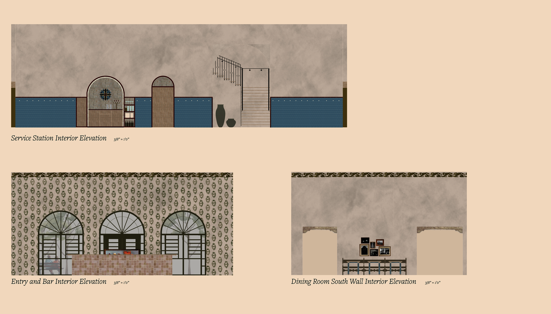 Top: arched niches, blue tile wainscot, shelving, stair with iron railing, plaster walls. Lower left: patterned wall, arched windows, tiled bar front, entry door. Lower right: plaster wall, decorative frieze, framed photos, bench seating, two recessed openings.