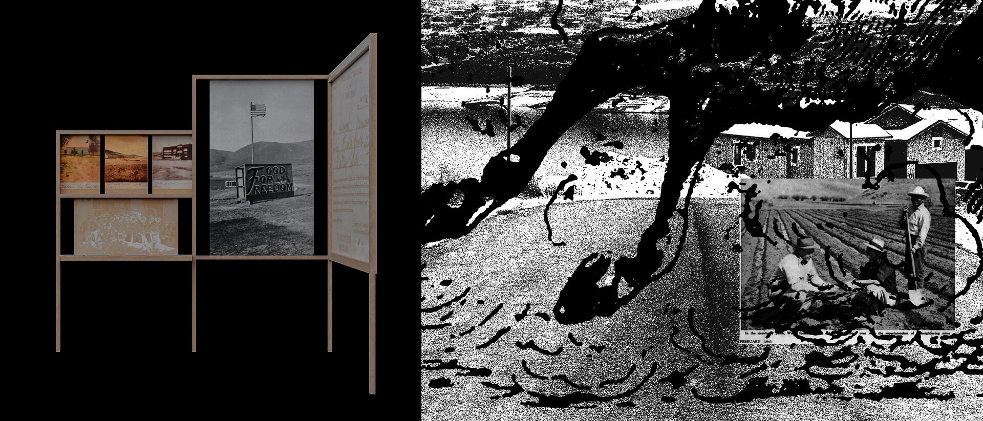 3D render of an installation proposal juxtaposing preserved archival rural photographs with distorted, high-contrast versions of the same images.