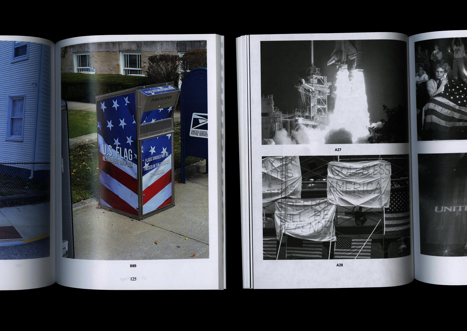 Publication pages showing contemporary color photograph of patriotic mailbox alongside archival black and white images of new york city following 9/11, a vigil, and a space shuttle taking off.