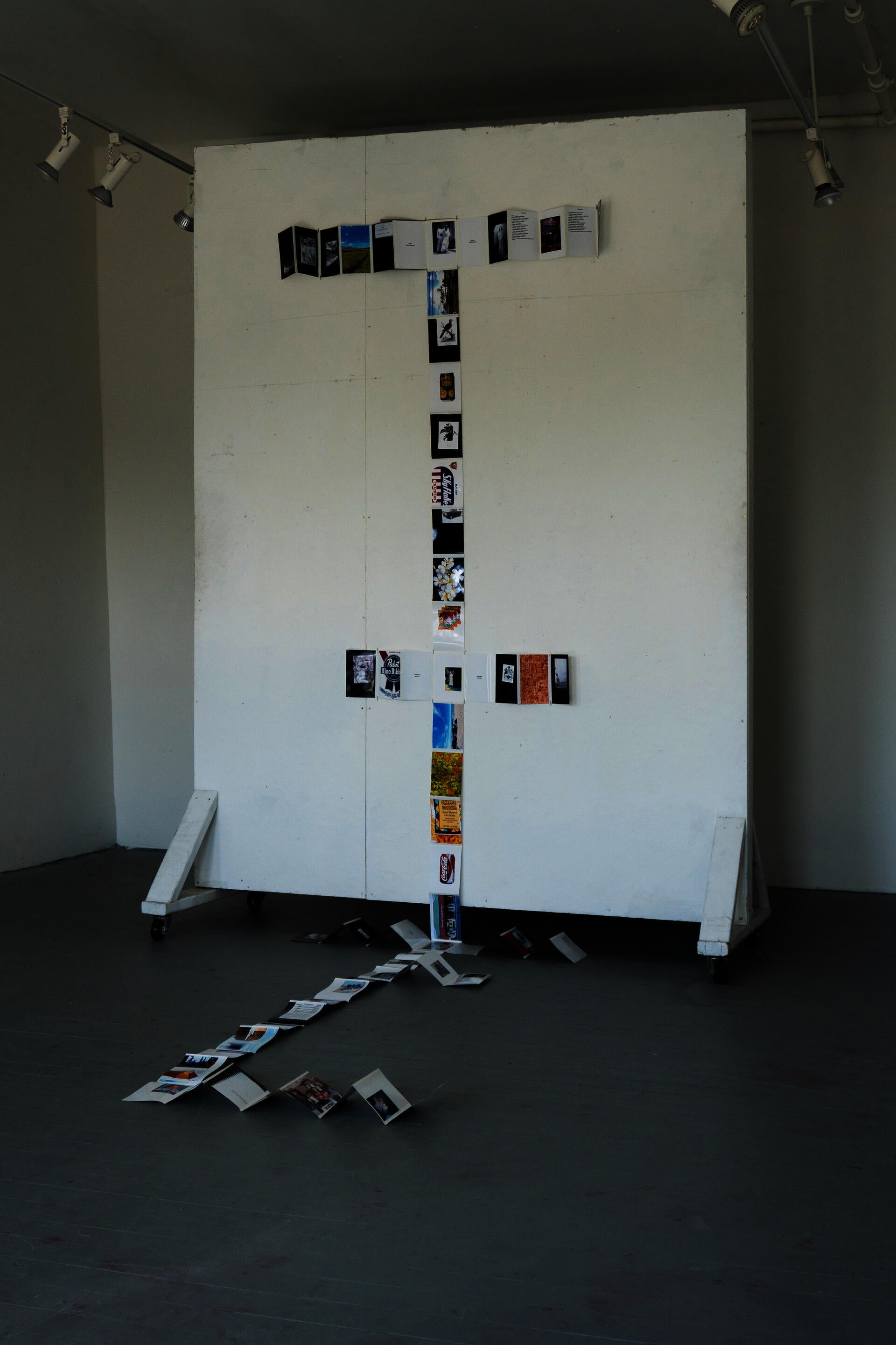 Gallery installation featuring an accordion style book, which has been folded out to create a cross-pattern wall display of photographs which flow onto the gallery floor.