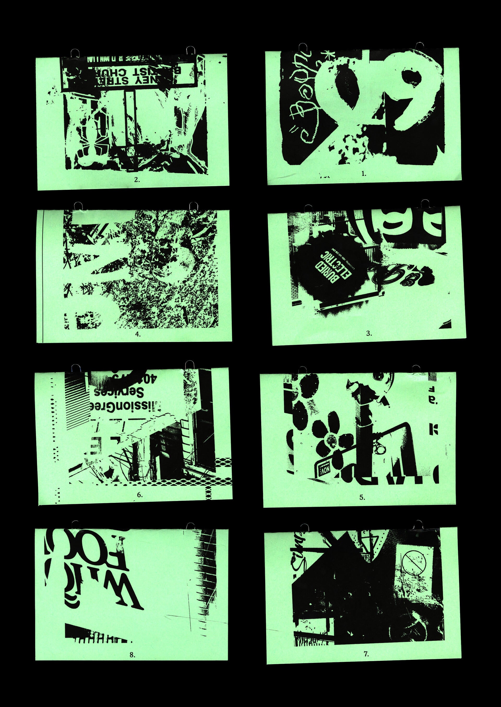Grid of eight scanned zine pages on mint green paper featuring high-contrast black and white photography, typography, and collage with varied layouts and experimental design aesthetic.