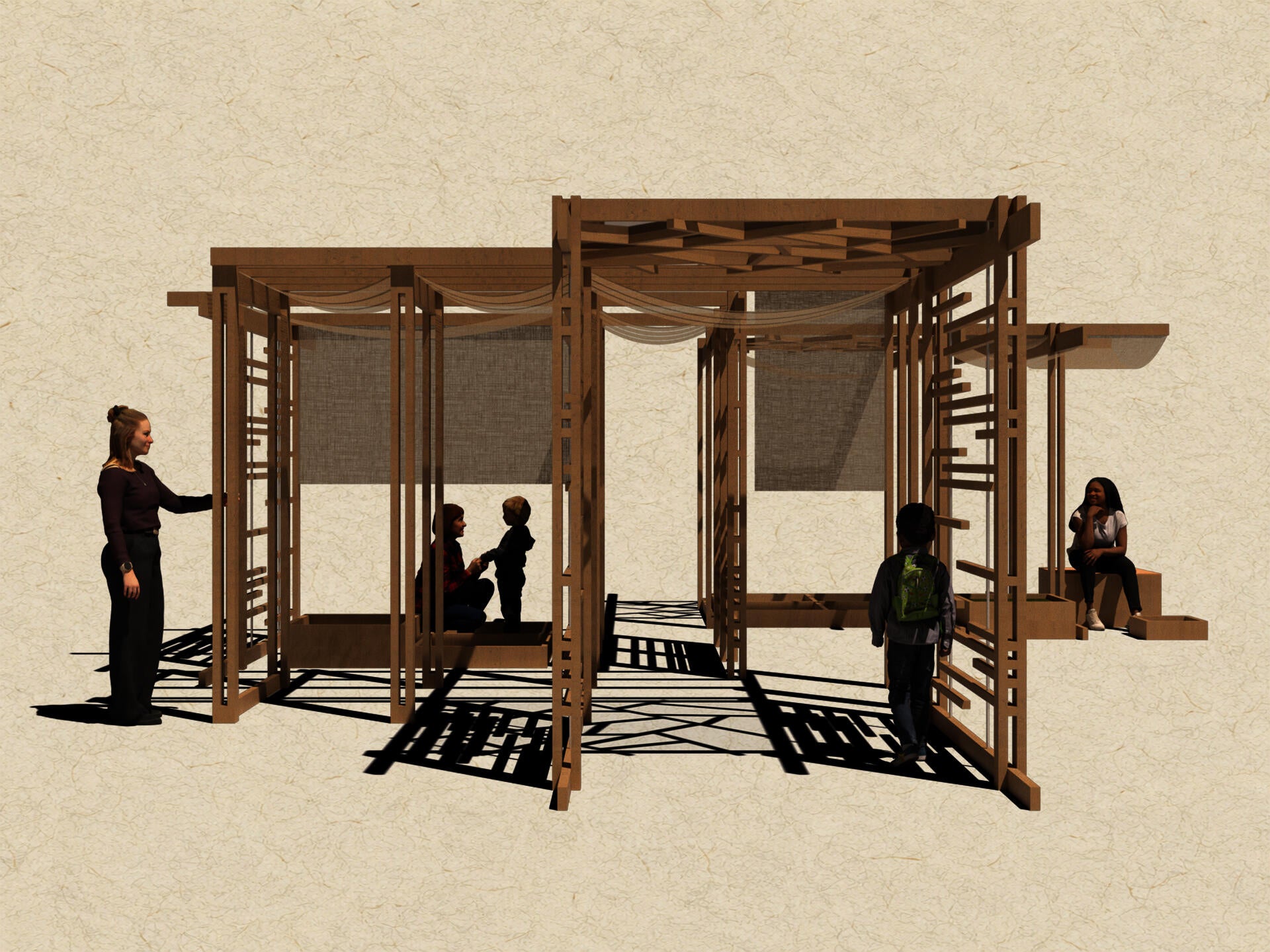 Render of the wooden module with shadows and human figures, some sitting, some walking, some touching. Background is rice paper like. Style stimulates old ink painting. 
