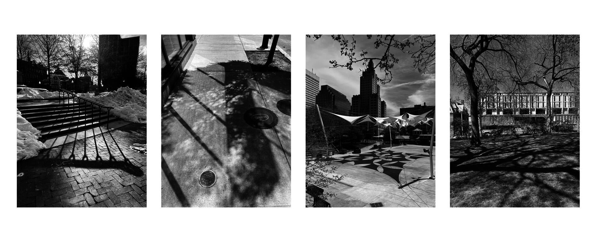 4 photos of natural, architectural, or mixed shadows: long shadow from steel railing; reflected light and sidewalk tree; geometric shadows from tension fabric roof; shadow of spread branches from old trees on a grass field.