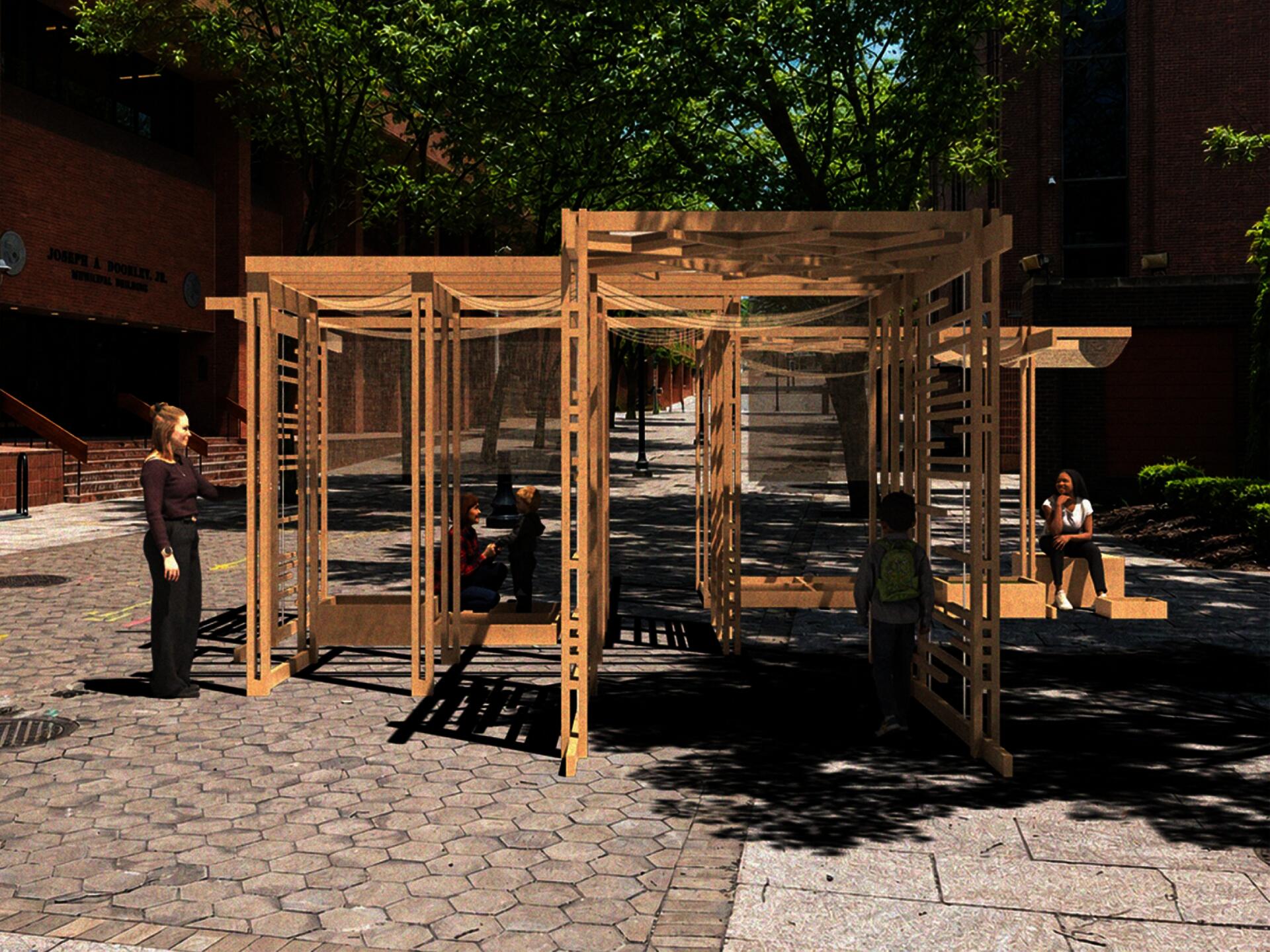Module blend into a boulevard where red brick government building and large sidewalk trees cast shadows that interplays with shadow from the module.