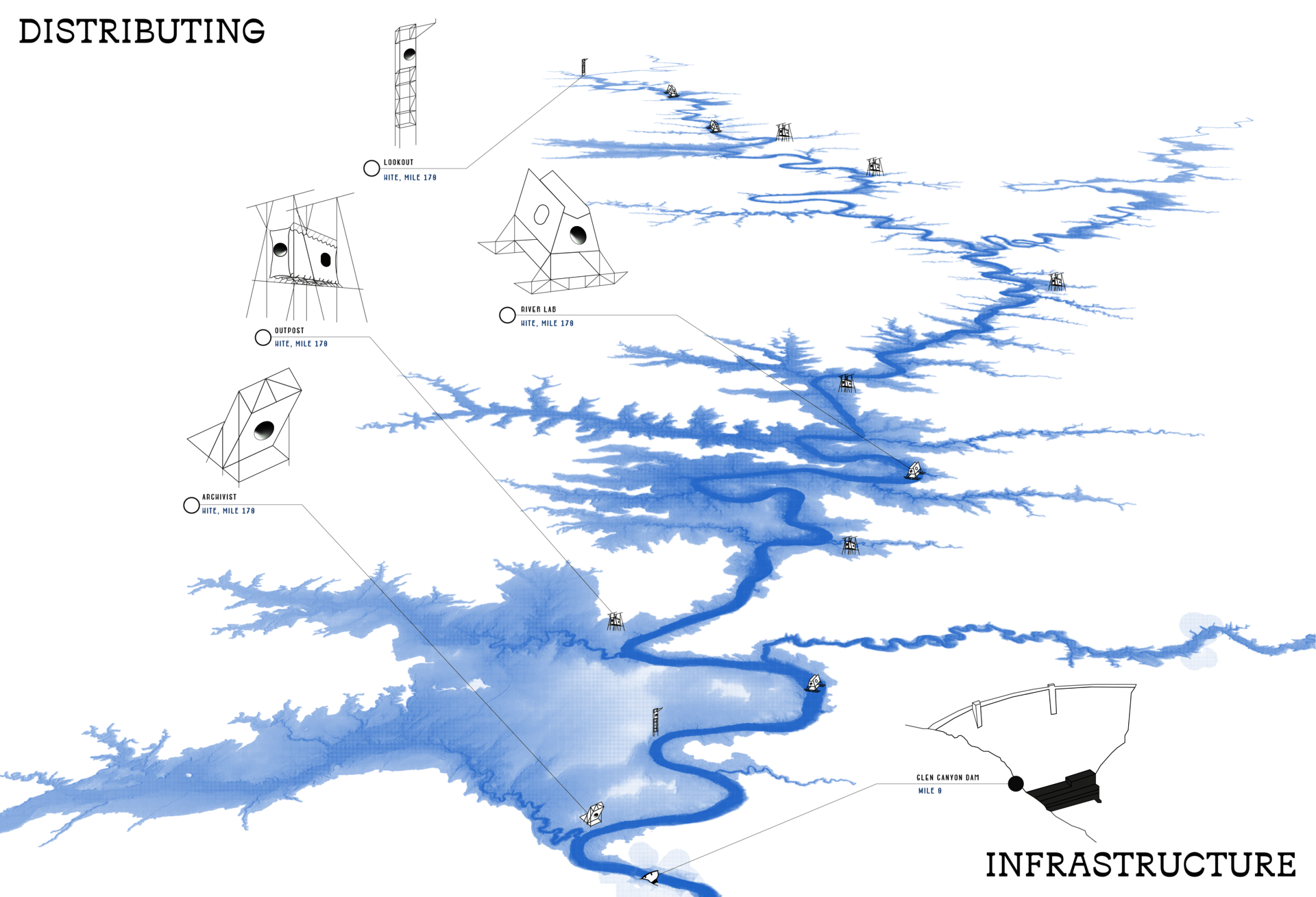Distributed network of mediating infrastructures positioned along the Glen Canyon river corridor, linking research, recreation, and environmental observation through a series of low-impact architectural characters.