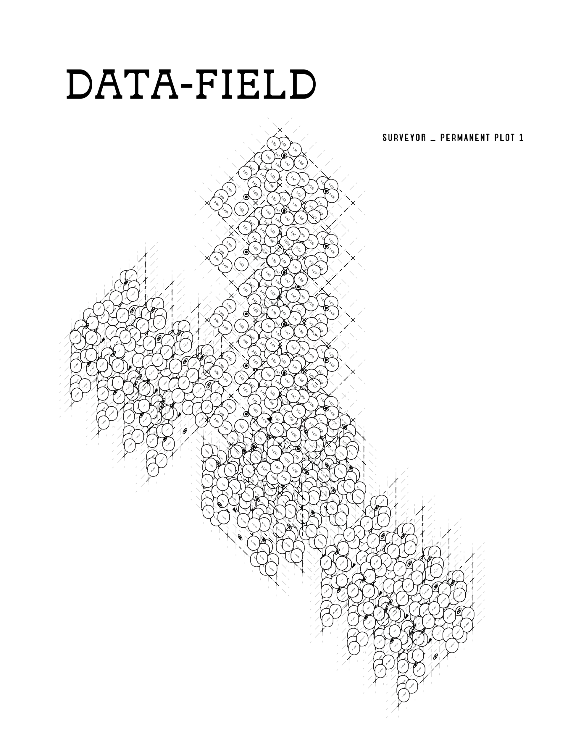 Axonometric environmental data visualization composed of layered grids and hundreds of circular markers, representing environmental data collection and mapping within the project.