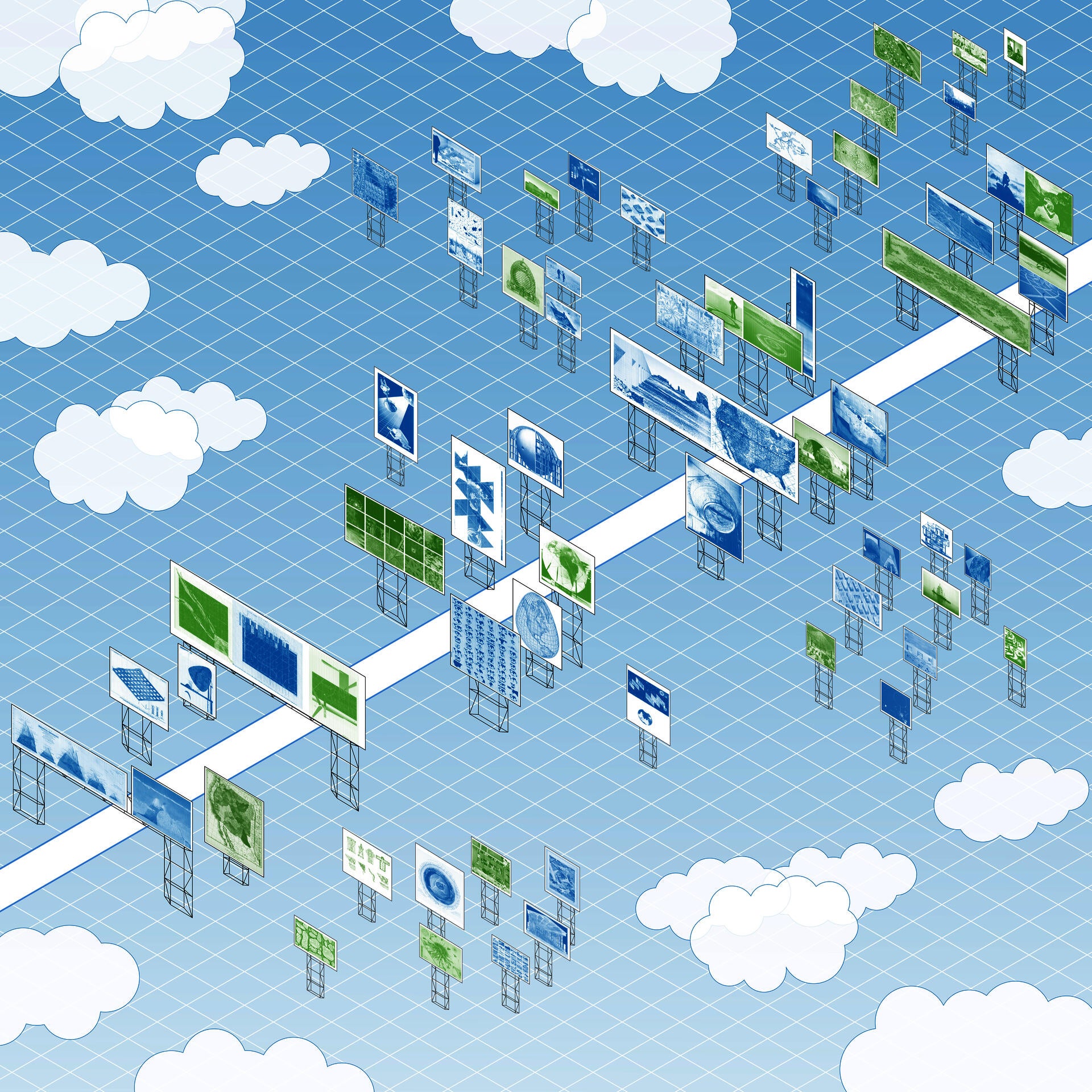 Axonometric collage of architectural and environmental research precedents displayed as billboard panels along a highway, mapping the timeline of research and precedents considered.