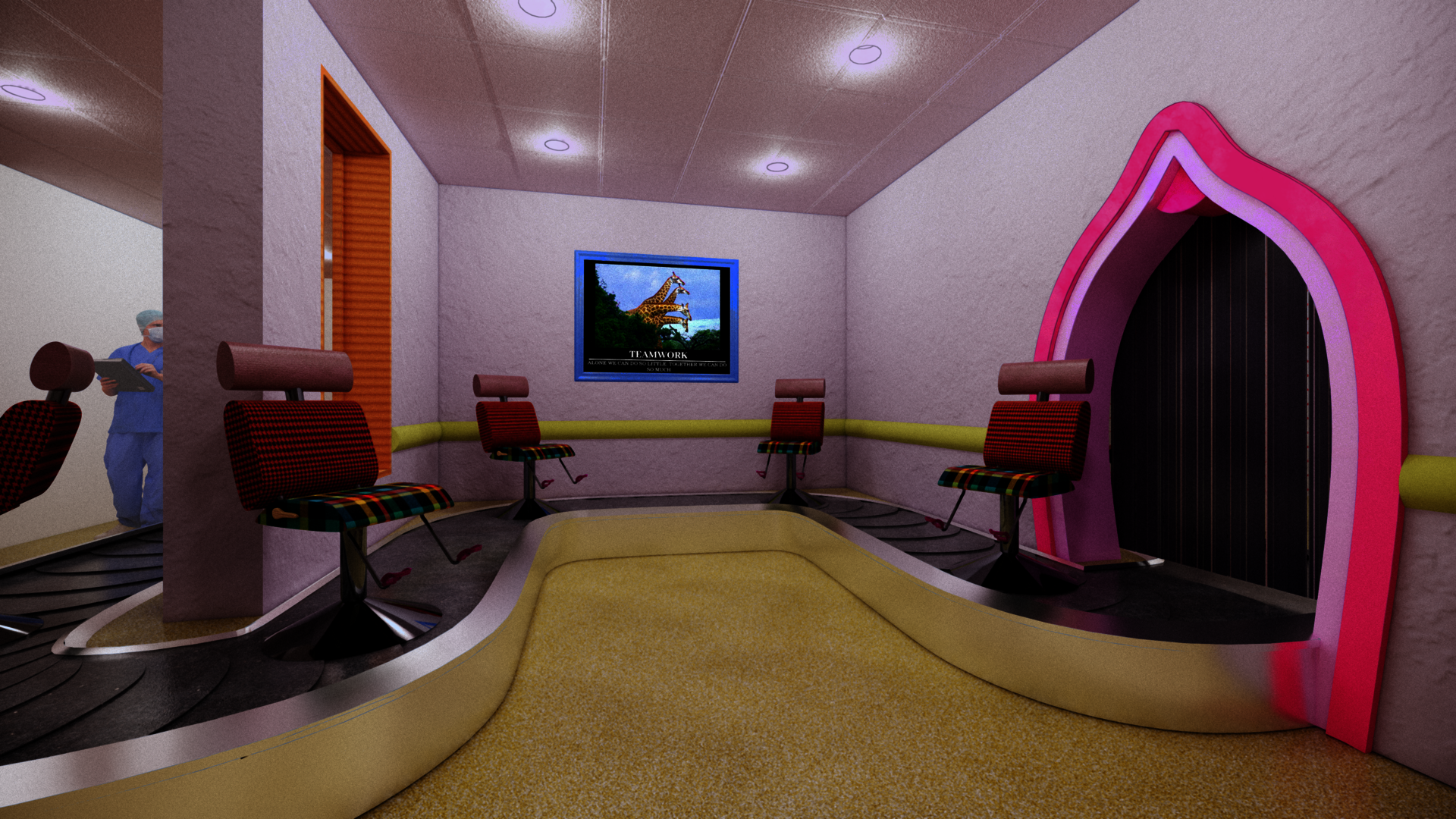 Digitally rendered image of what looks like a baggage carousel wrapping around the walls of a waiting room and through a doorway with hot pink molding, shaped vaguely like a vagina. Rubber flaps hang in the doorway to separate the waiting room from what's on the other side. On the carousel are five evenly spaced, up-right gynecological exam chairs complete with stirrups. The exam chairs are upholstered with mauve colored leather head rests, red and black houndstooth seat back, and a plaid seat. Walls are li
