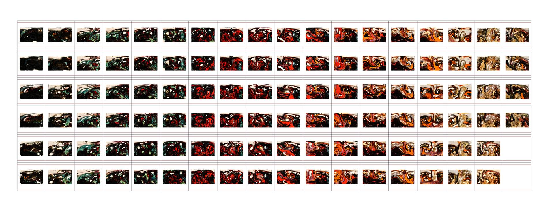 Grid of small rectangular prints showing cross-sections of glass slices with swirling color and varied patterns arranged in rows and columns.