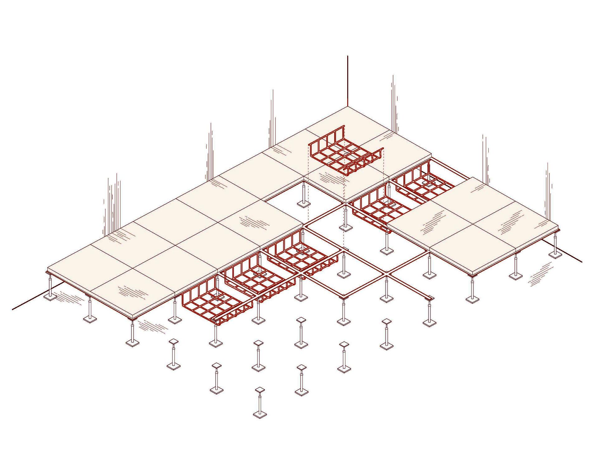 Isometric line drawing of a raised access floor platform. Adjustable metal pedestals support a floor panels with stringers and interior storage racks.