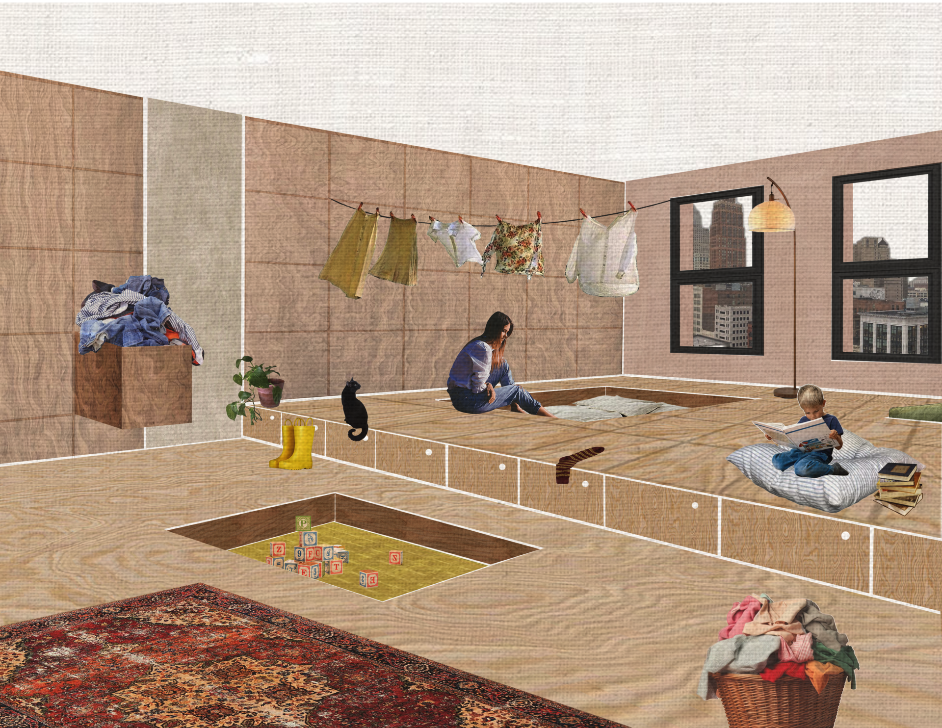 Collage of a room that has access flow raised to produce a sunken effect : woman seated, child reading, laundry hanging, cat nearby, storage drawers, play pit with blocks, and city view through windows.