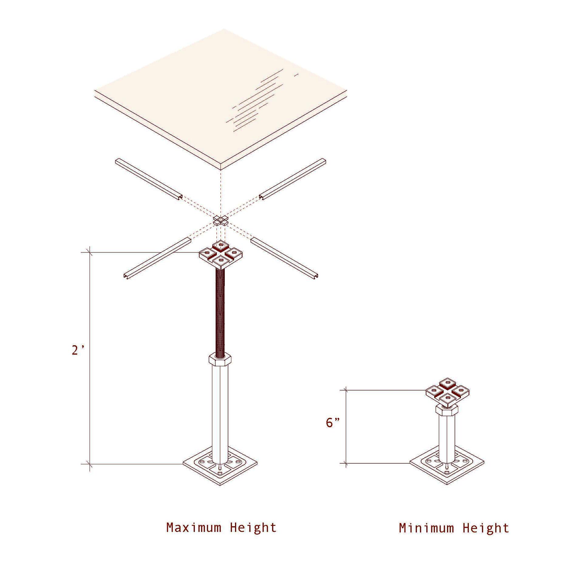 Exploded diagram of adjustable access floor pedestal showing components, with maximum height 2 feet and minimum height 6 inches.