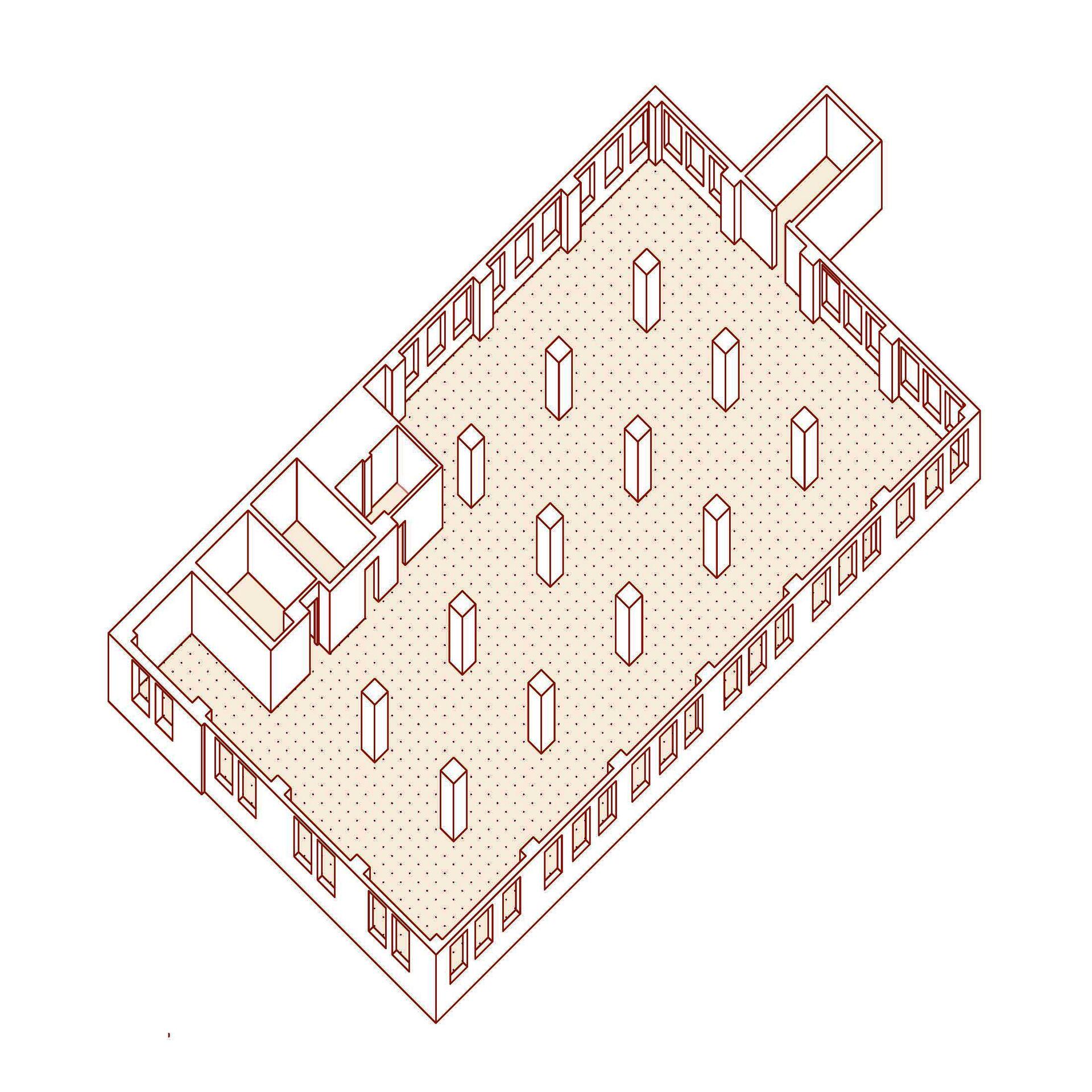 Axonometric line drawing of building:  think walls outline the floor, large columns, and grid system of the existing access floor cover the ground