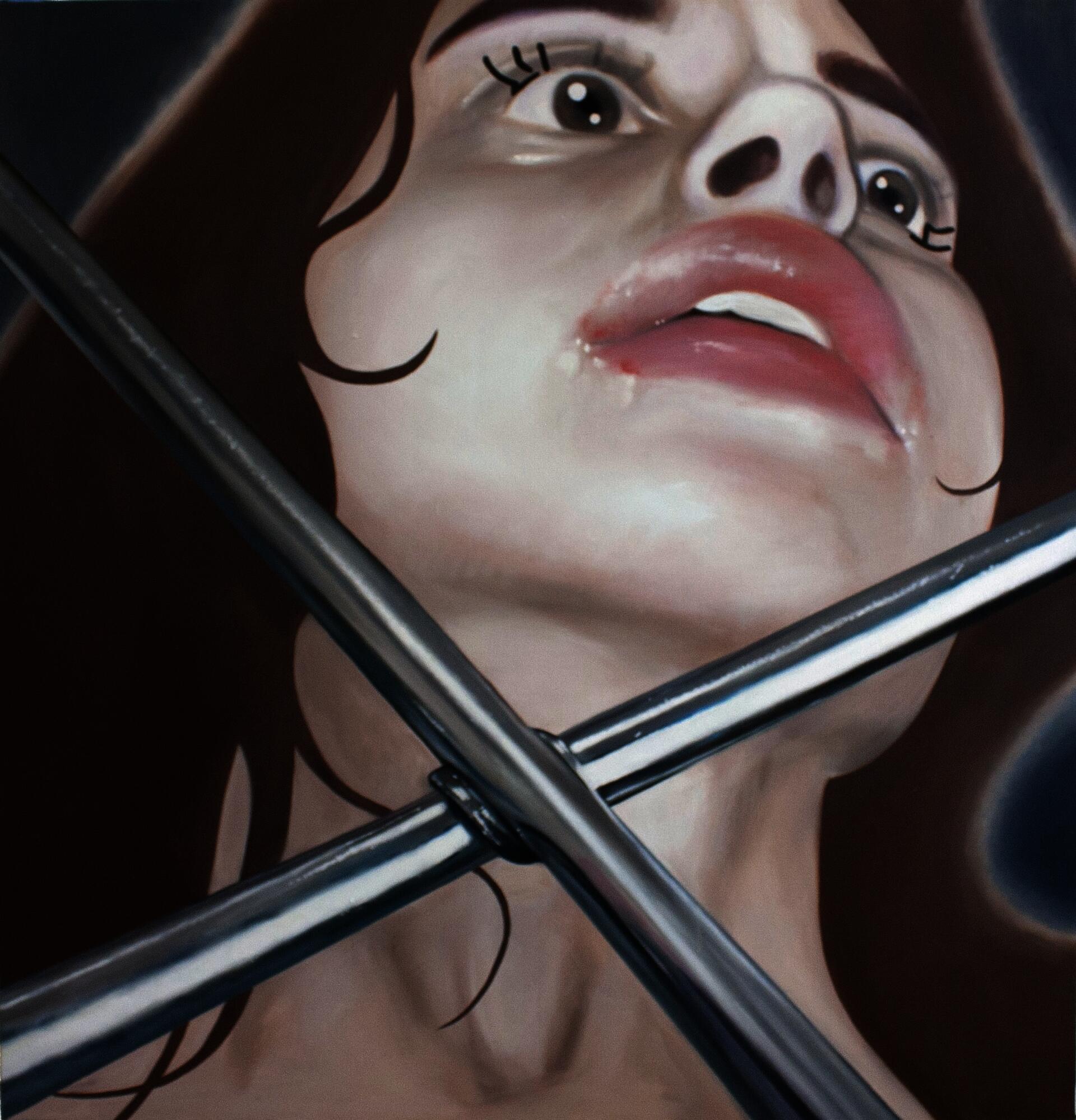 Close-up oil painting of a woman's face. She is leaning backwards, and there is a lug-wrench in front of her face occupying the foreground of the image.