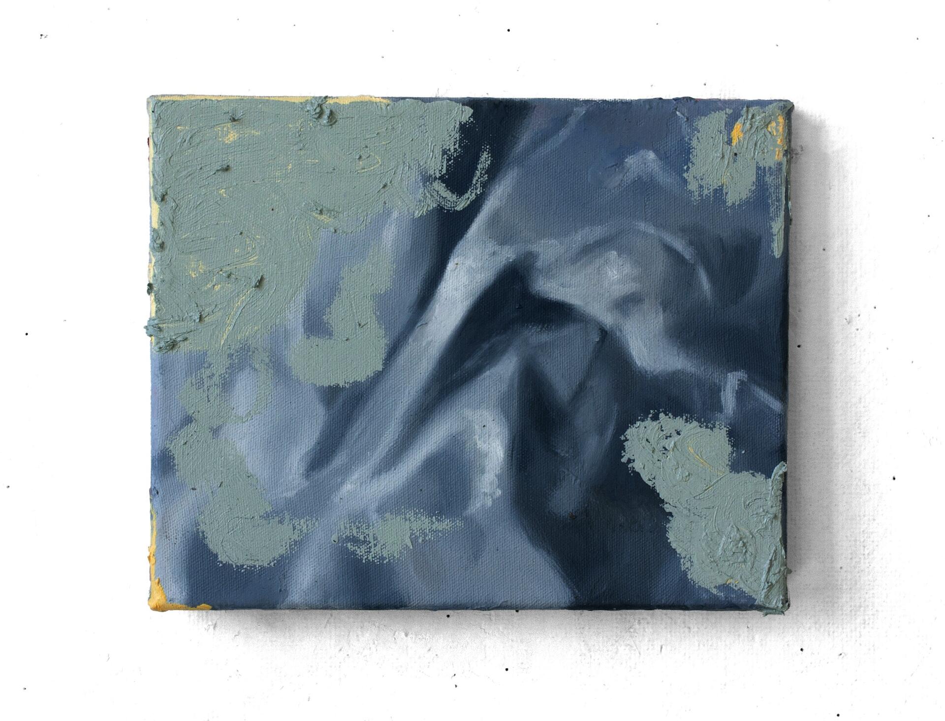 A small painting of tissue paper with light sage green abstract, impasto marks on top.