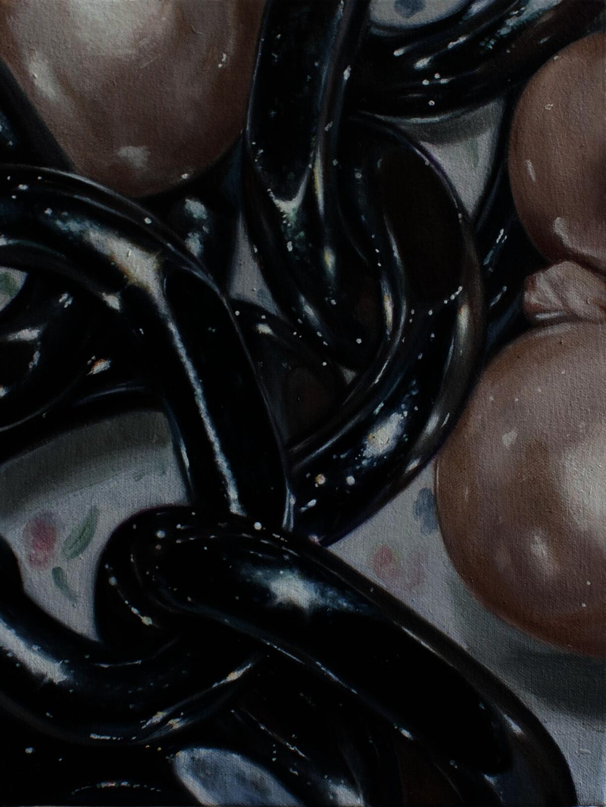 Small, close-up painting of pearls and chains scattered on a floral bedsheet.