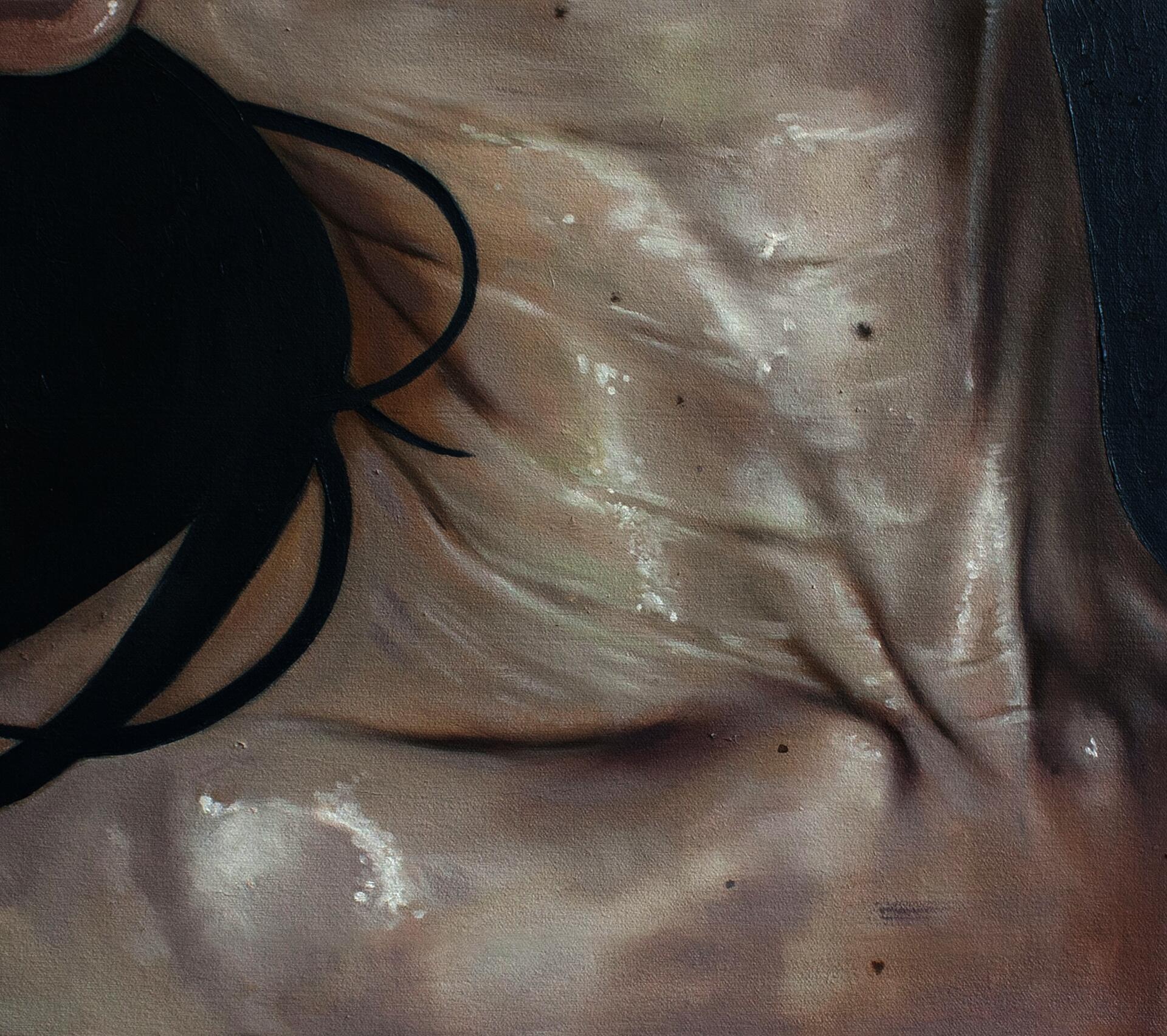 Painting of a neck stretched backwards with muscles and tendons flexed. It appears slightly wet, and hair is brushing against it painted in flat, dark blue/grey color.