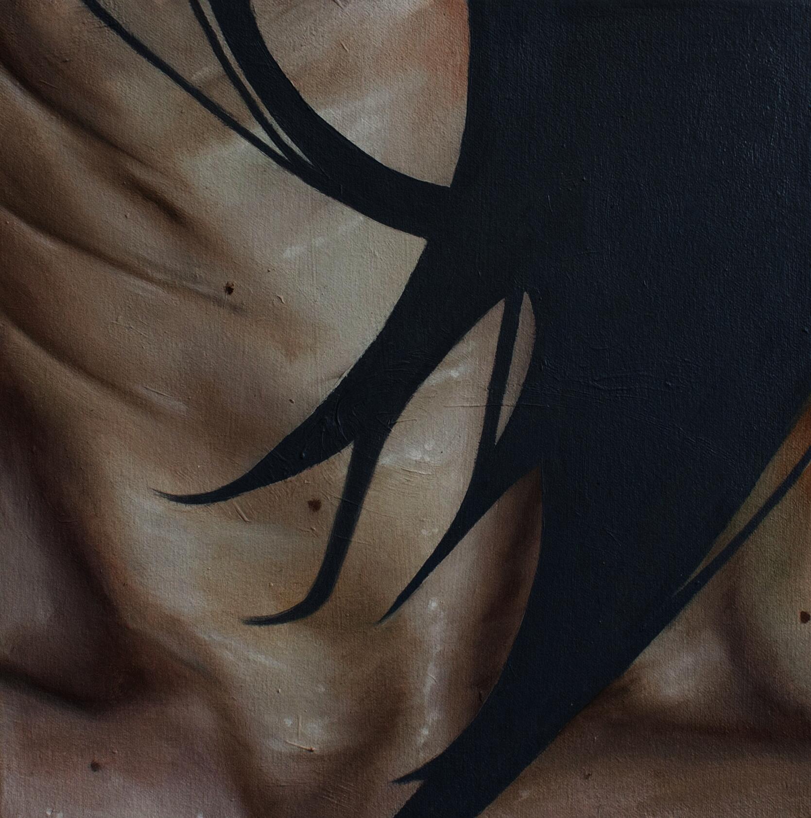 Painting of a neck with muscles and tendons flexed. It appears slightly wet, and hair is brushing against it painted in flat, dark blue/grey color.