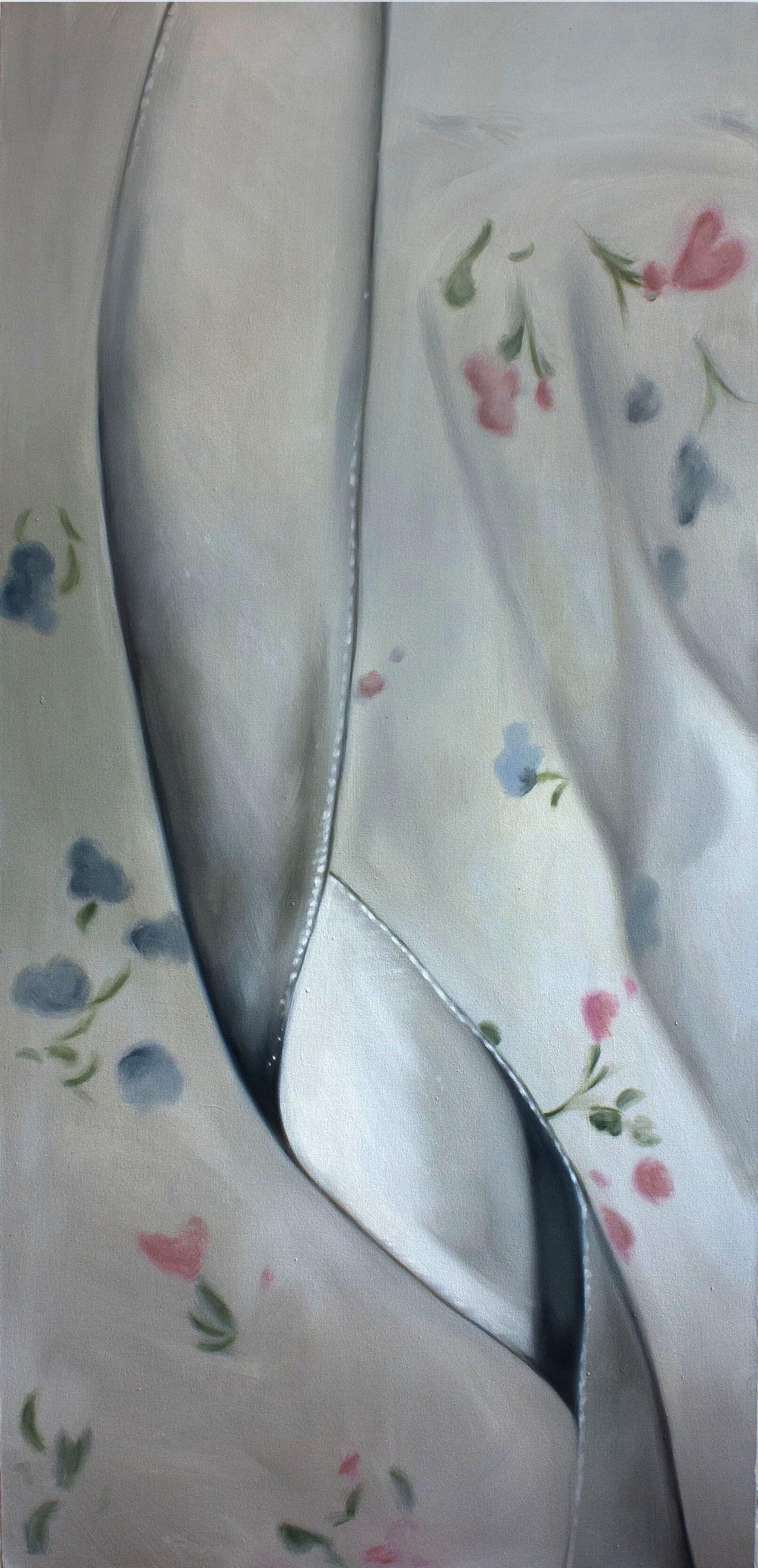 A tall and narrow painting of a floral patterned fabric with a close up of a single white ribbon in the foreground.