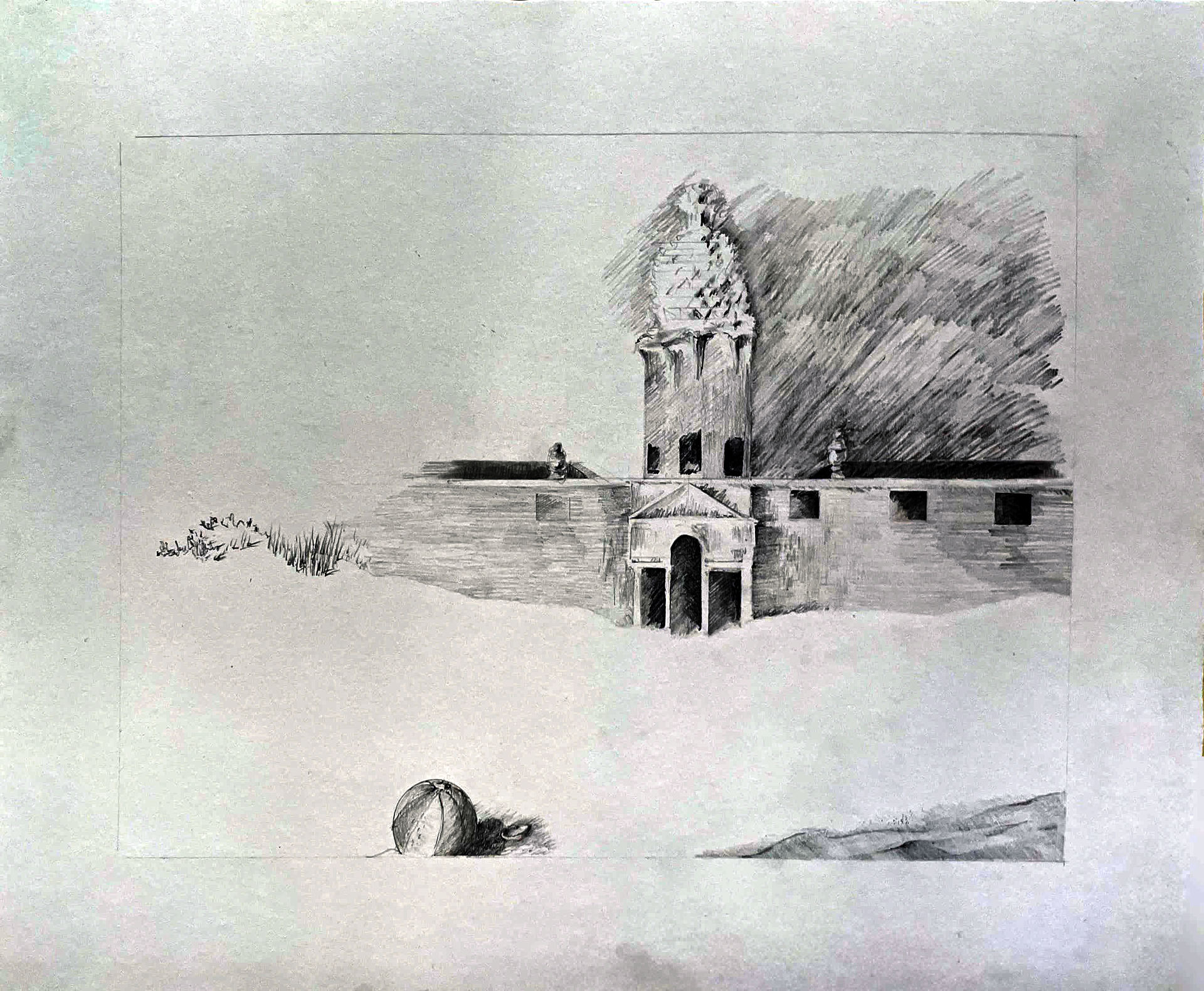 Beach Folly: Graphite drawing of a famous Scottish folly reimagined as emerging from sand dunes in Narragansett