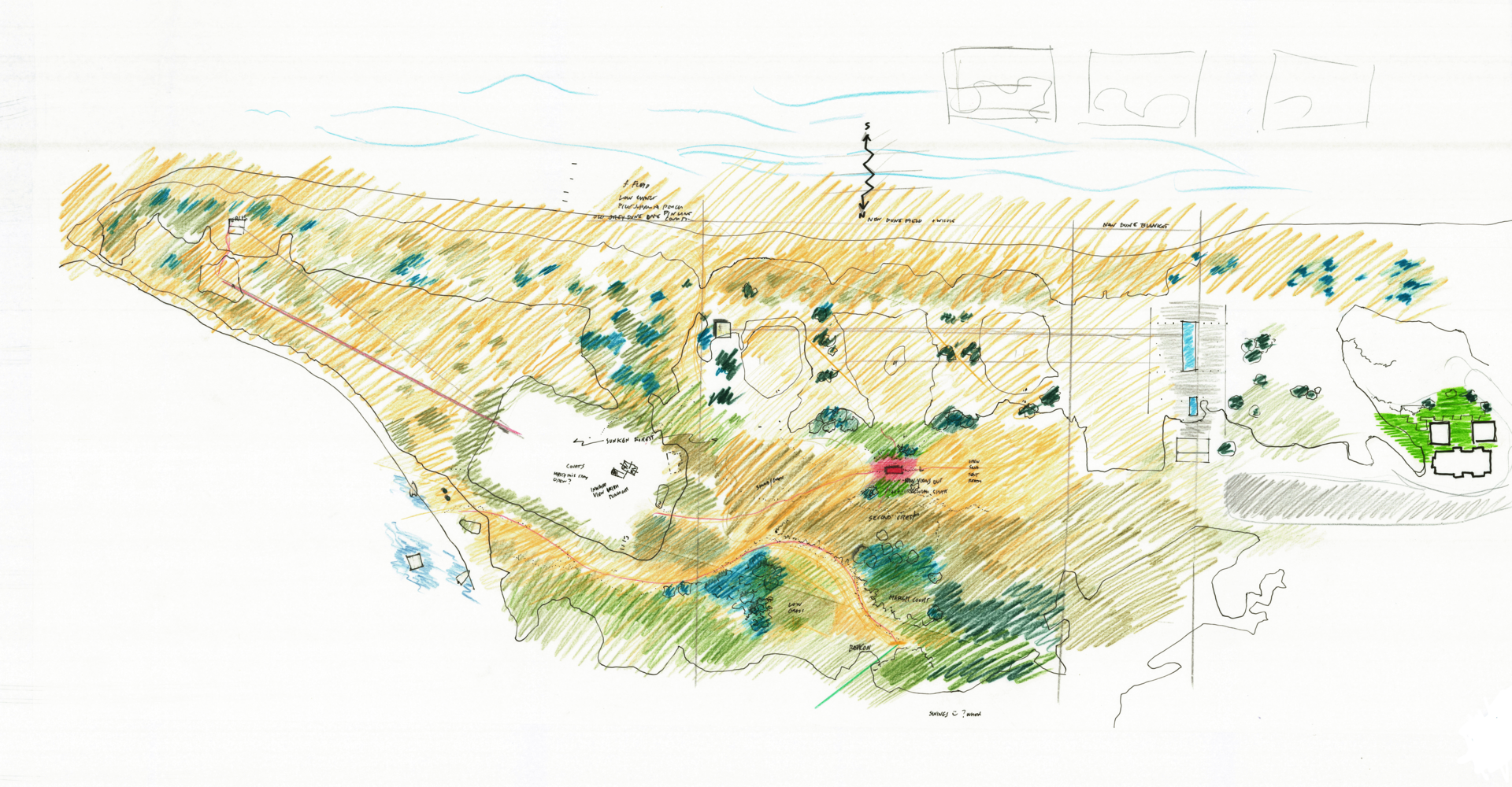 Colored pencil plan of early concept - testing different programming scenarios