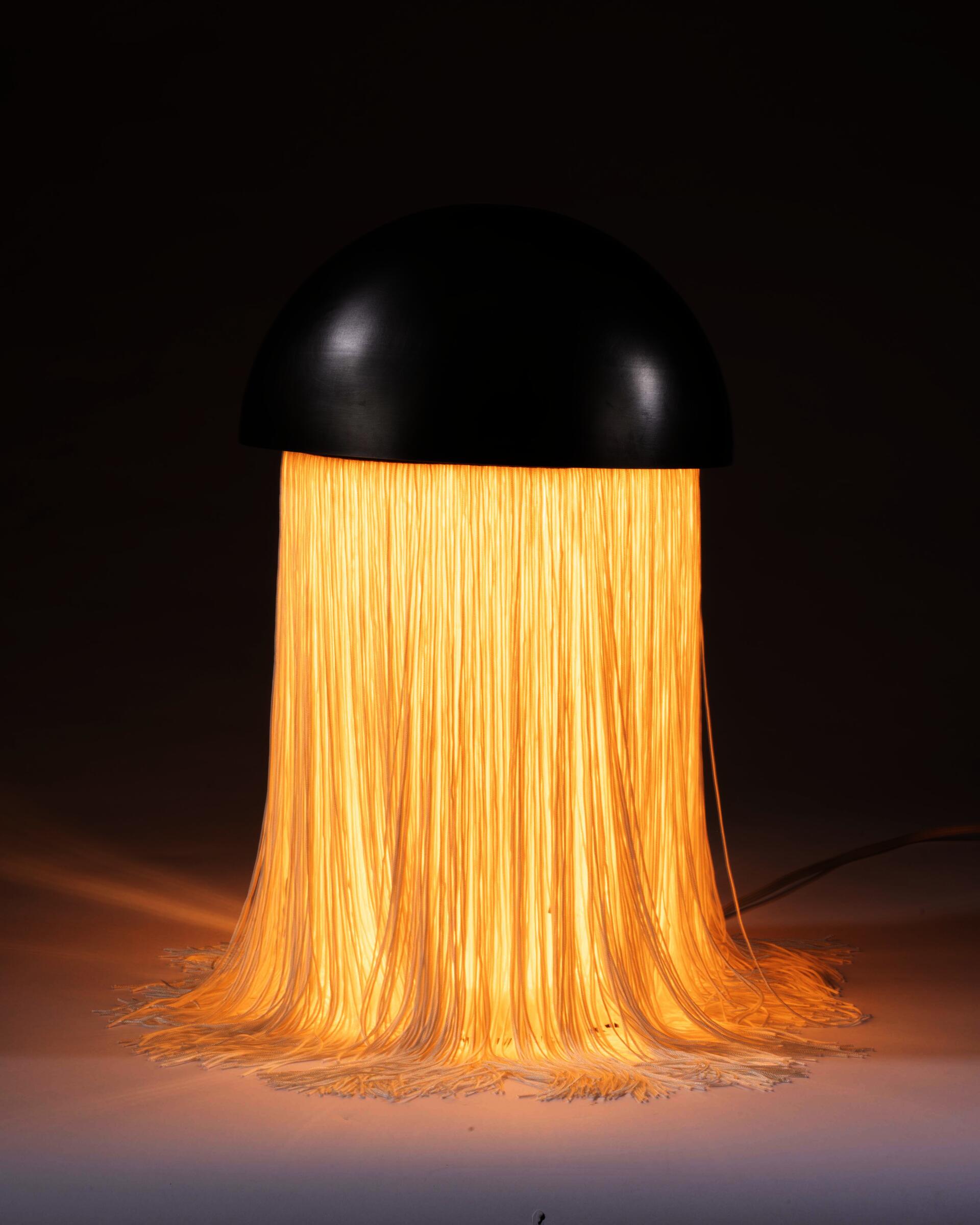 A table lamp with ivory fringe draping from a steel dome. 