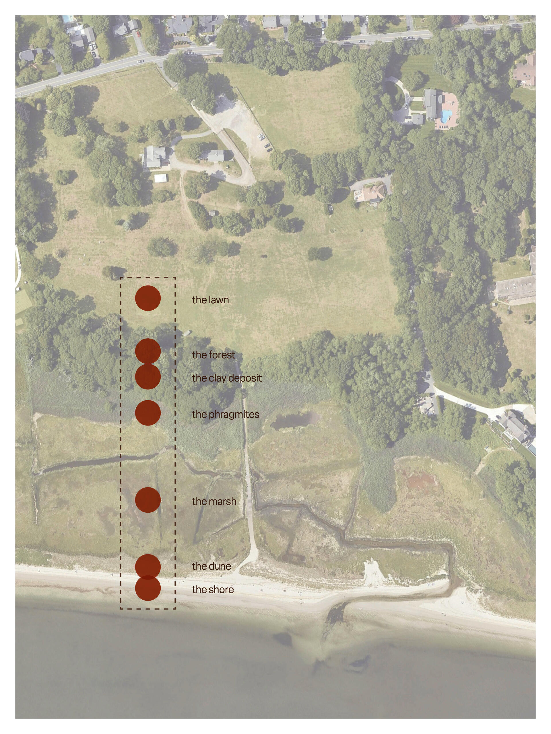 Aerial image of RISD Beach with circular markers indicating locations of bowl-shaped ground casts.