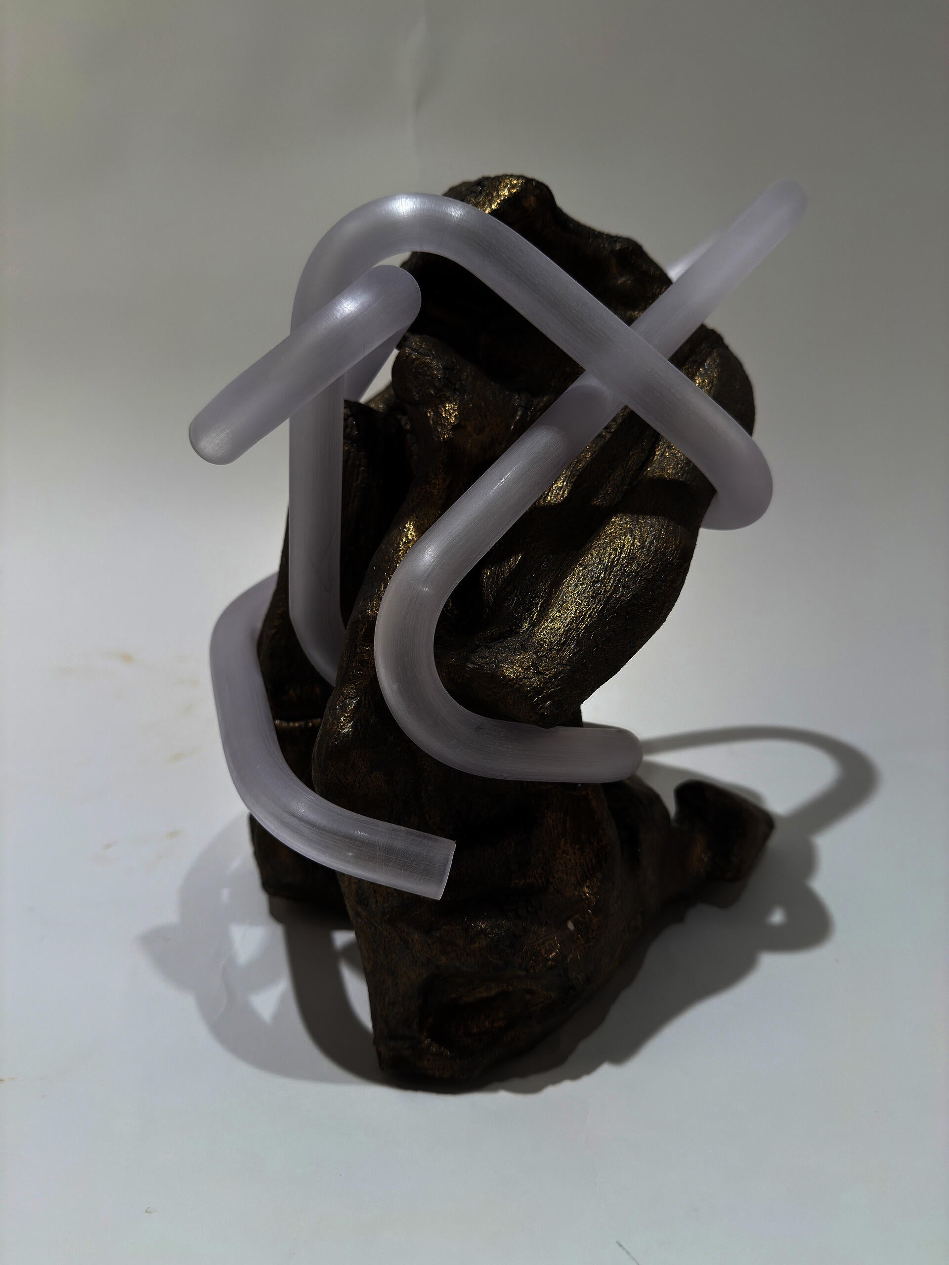 Smooth tubes wrap around a large squished piece of solid clay with a texture of bronze bark.