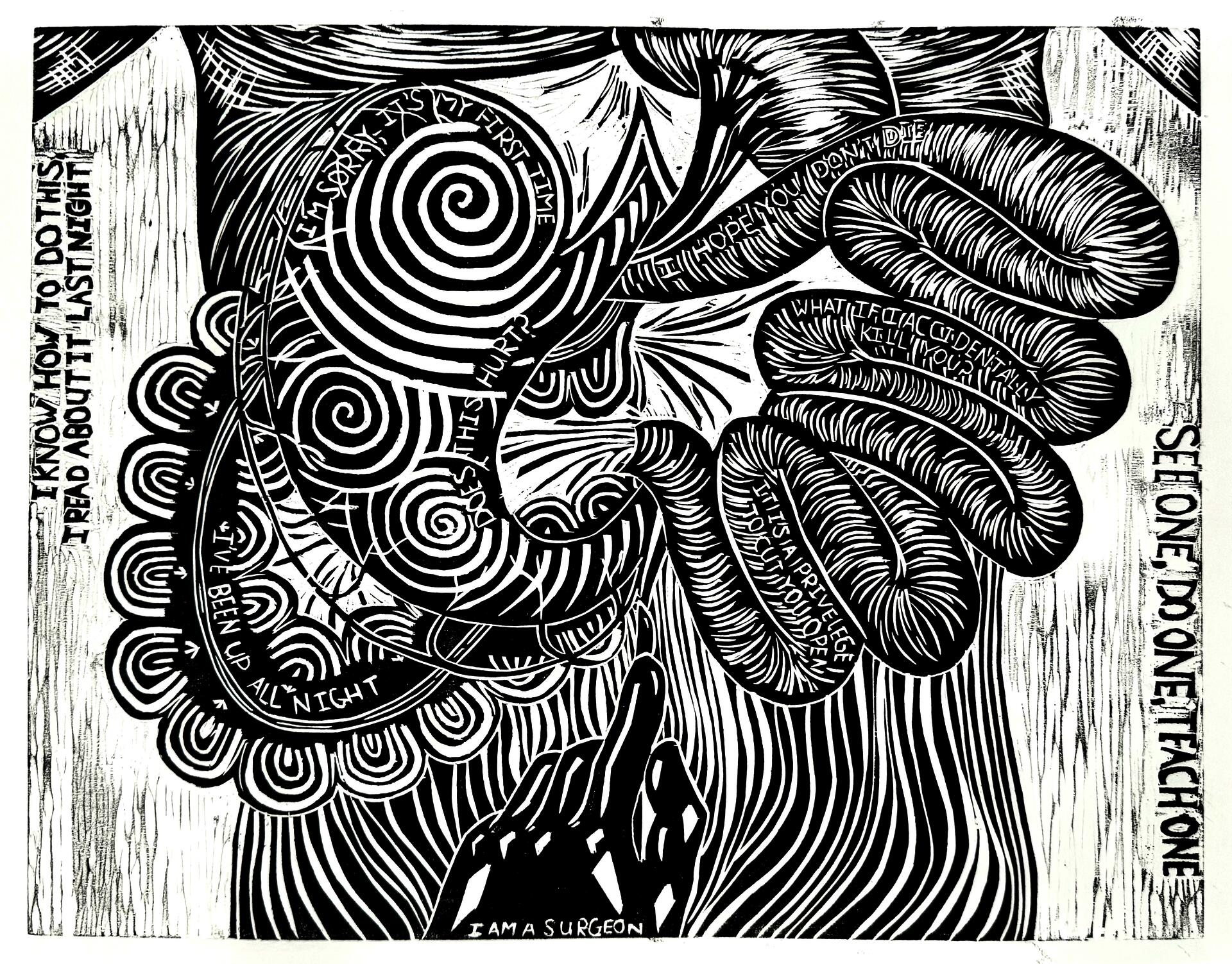 Woodcut relief print on paper showing patterned organs emerging from the abdomen