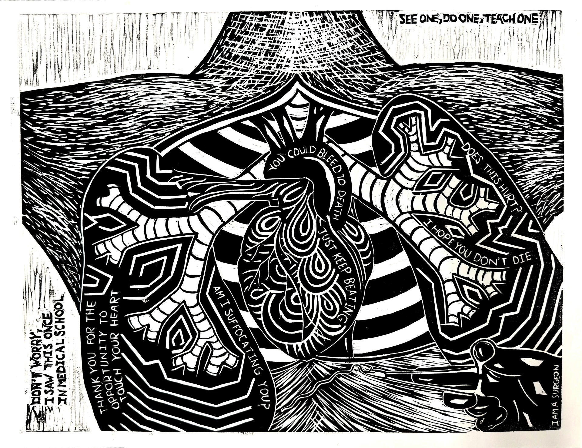 Woodcut relief print on paper showing patterned organs emerging from the chest