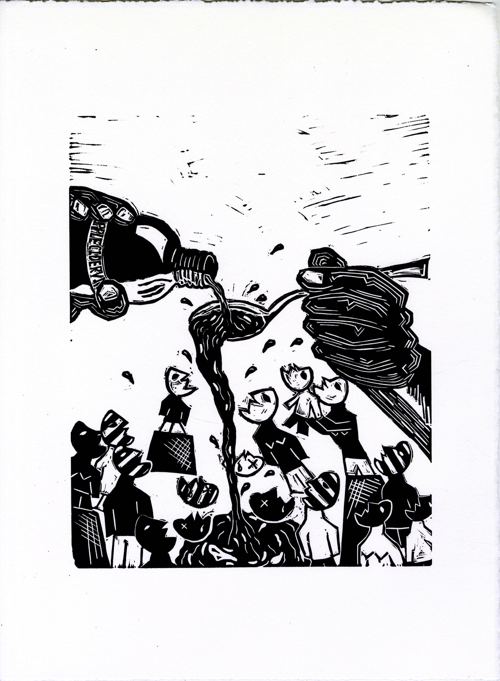 Linocut on paper with humanoid figures drinking poured apple cider vinegar, a purported panacea