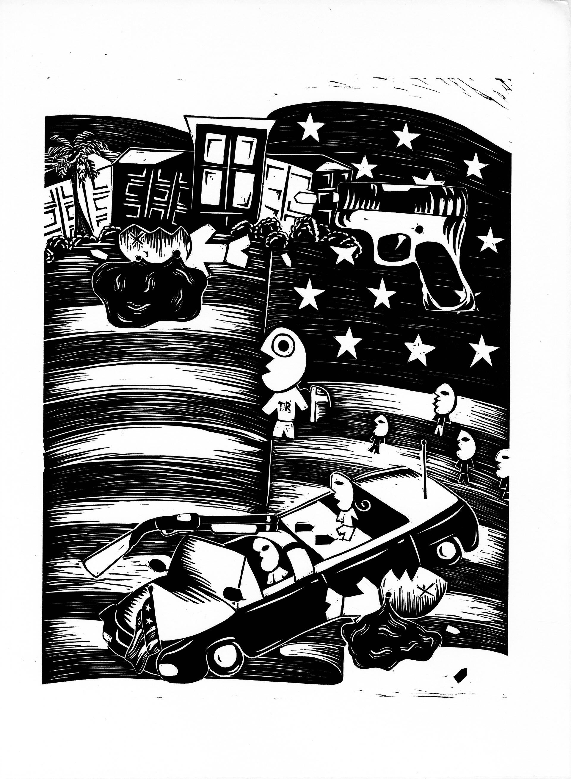 Linocut on paper with RFK Jr. as a child in the center watching RFK Sr. and JFK's assassinations 