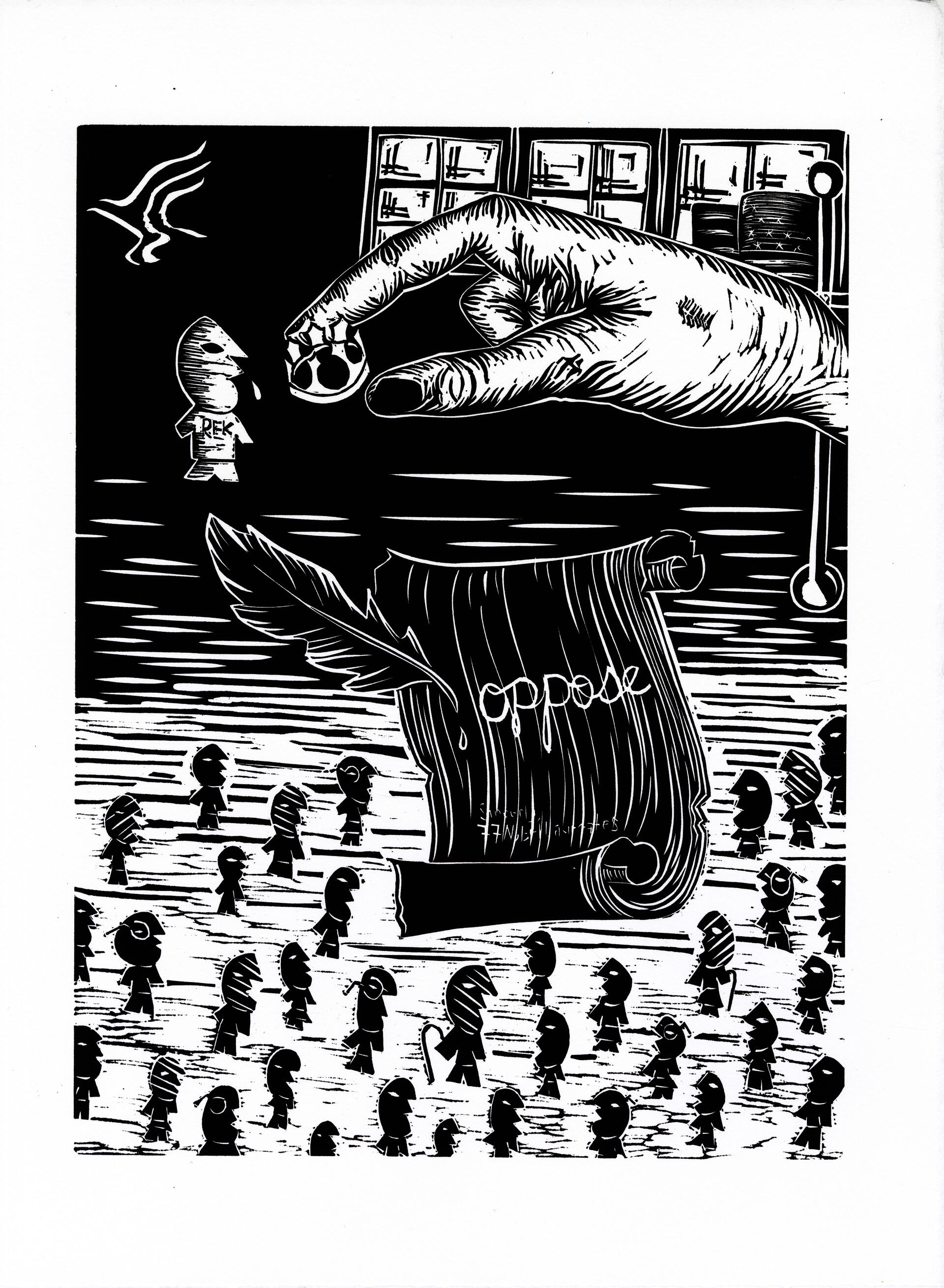 Linocut on paper with letter in opposition to RFK Jr.'s appointment as Secretary of Health