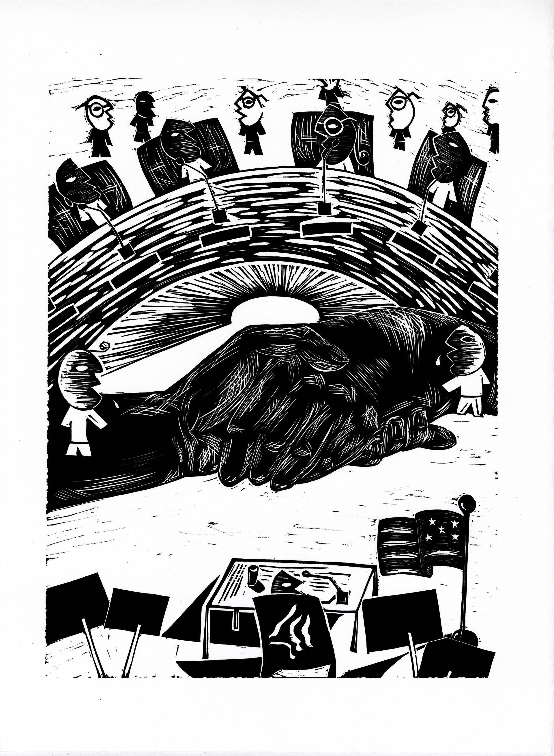 Linocut on paper wtih RFK Jr. interrogated at congressional hearing, handshake with trump to seal the deal of his appointment under the table anyway