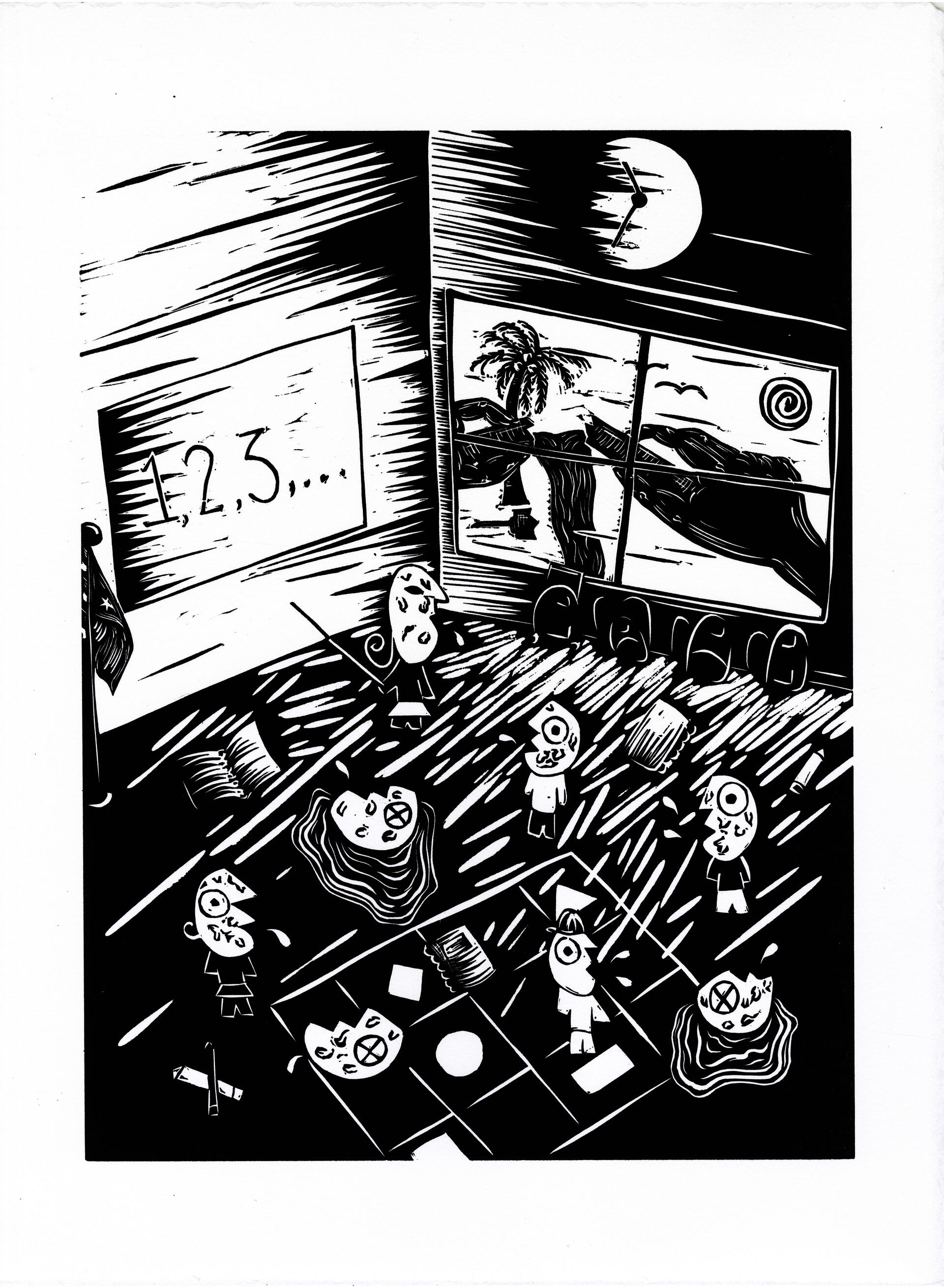 Linocut on paper with children in a classroom of infected children who have vaccine-preventable disease in Florida; vaccine vial broken outside of the classroom window