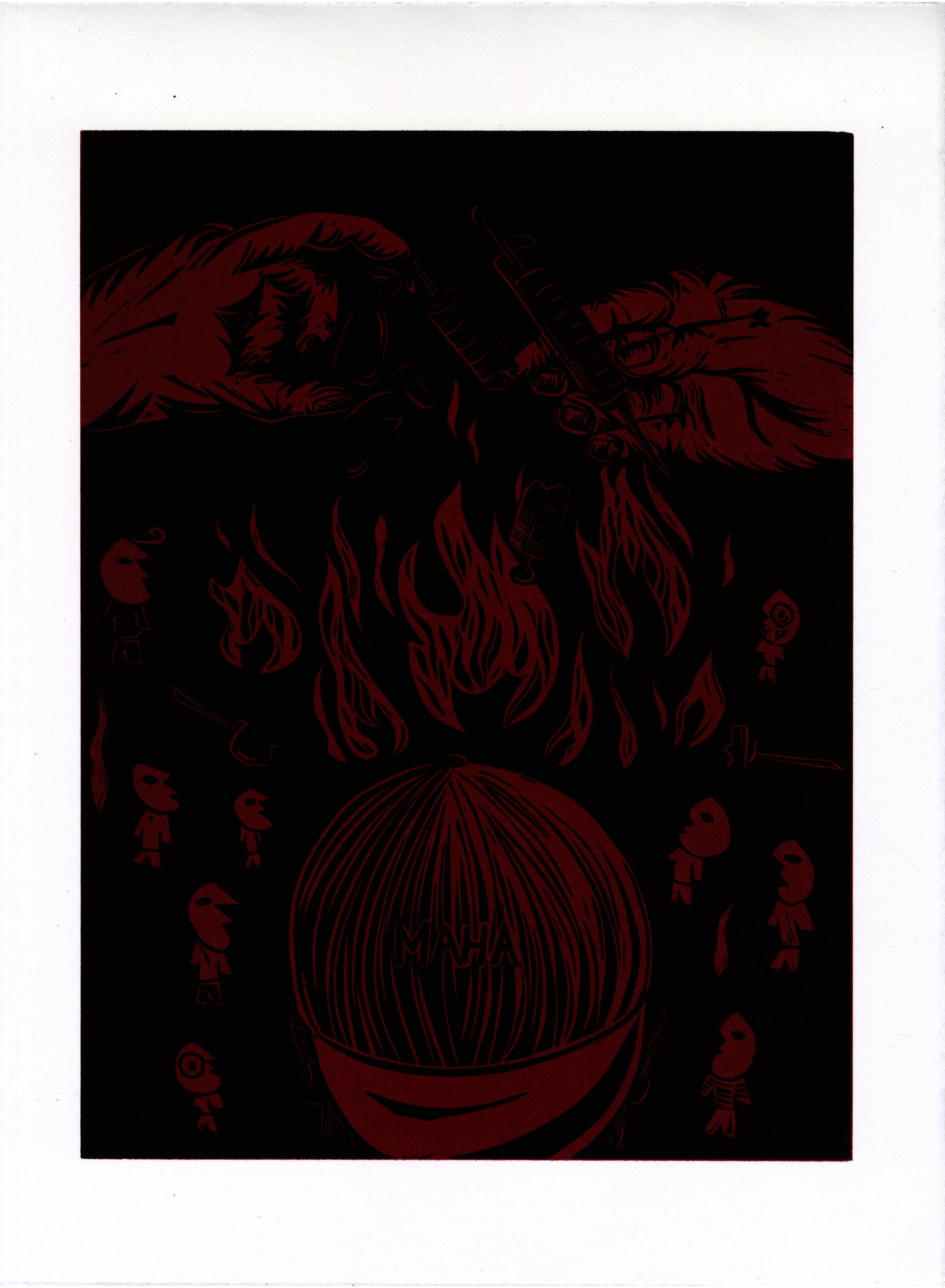Linocut on paper with layer of red underneath black image of MAHA leader throwing vaccine vials into a fire with humanoid onlookers 