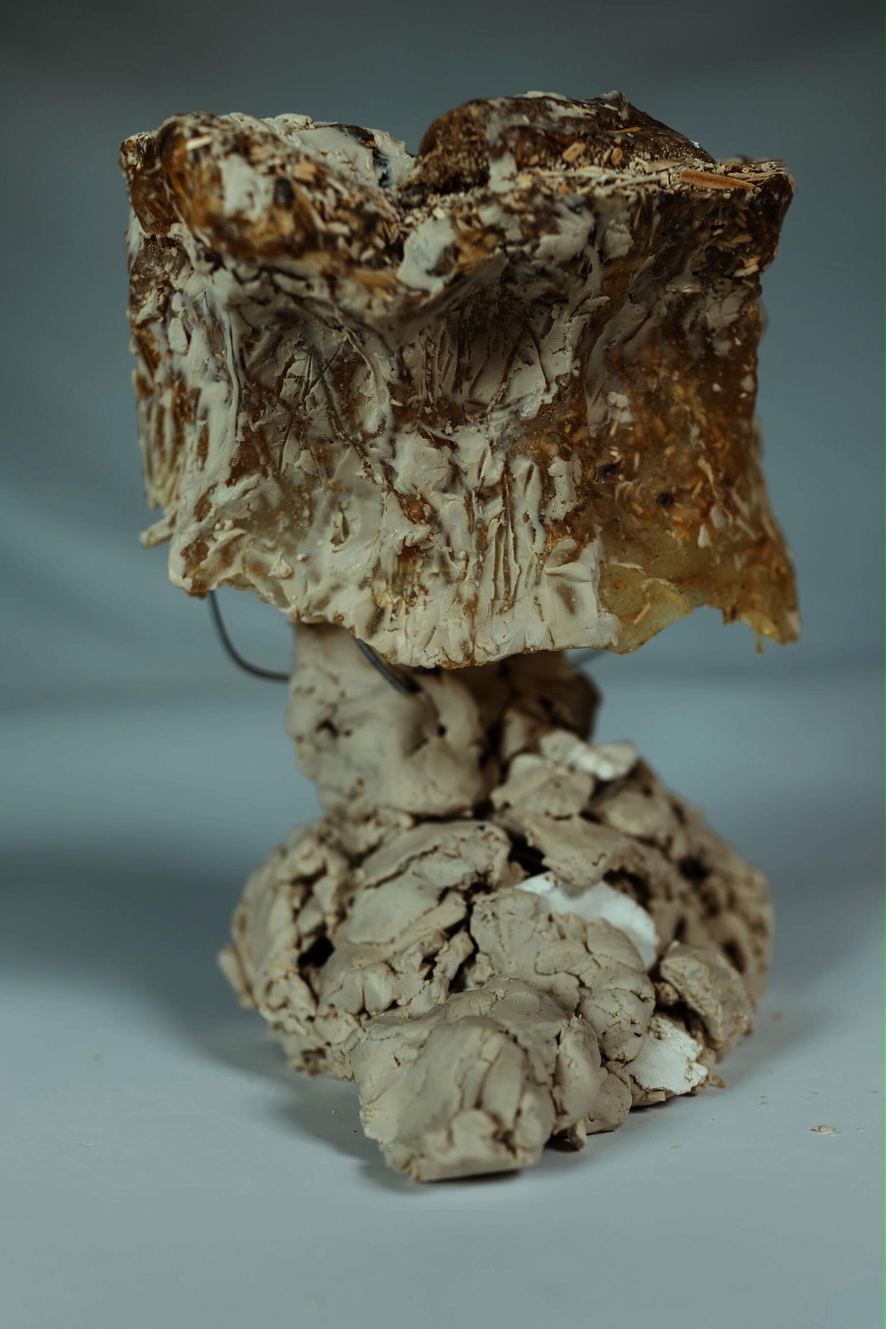 An experimental hemp and pine-rosin lamp shade resting on a hand-molded clay base. The amber translucent biocomposite shade shows organic folds and textures from the clay-forming process.