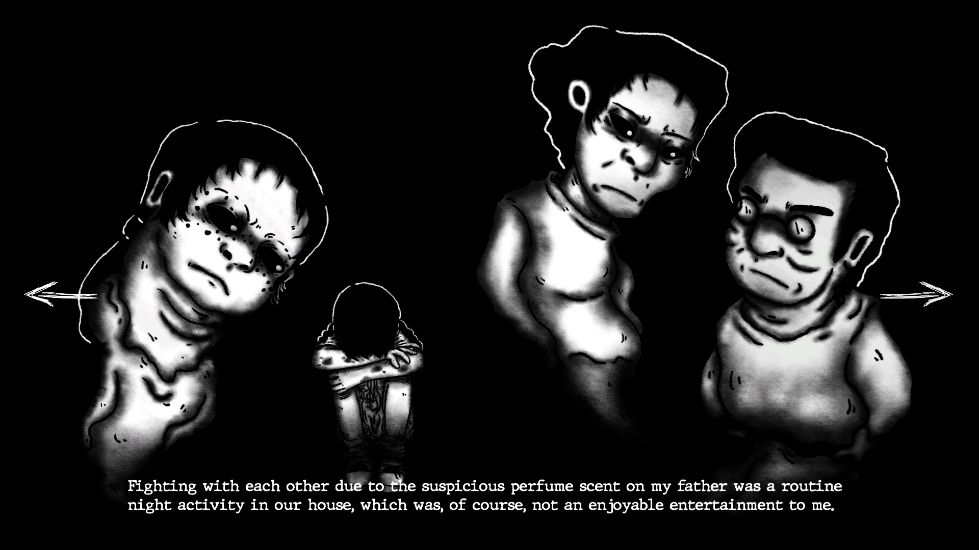 A grayscale digital animation still showing a solitary figure sitting on the ground with their knees pulled tightly to their chest. Distorted supporting characters surround the protagonist, forming an imagined psychological space shaped by emotional pressure and tension. The monochrome palette and surreal composition create an atmosphere of isolation, anxiety, and internal struggle.