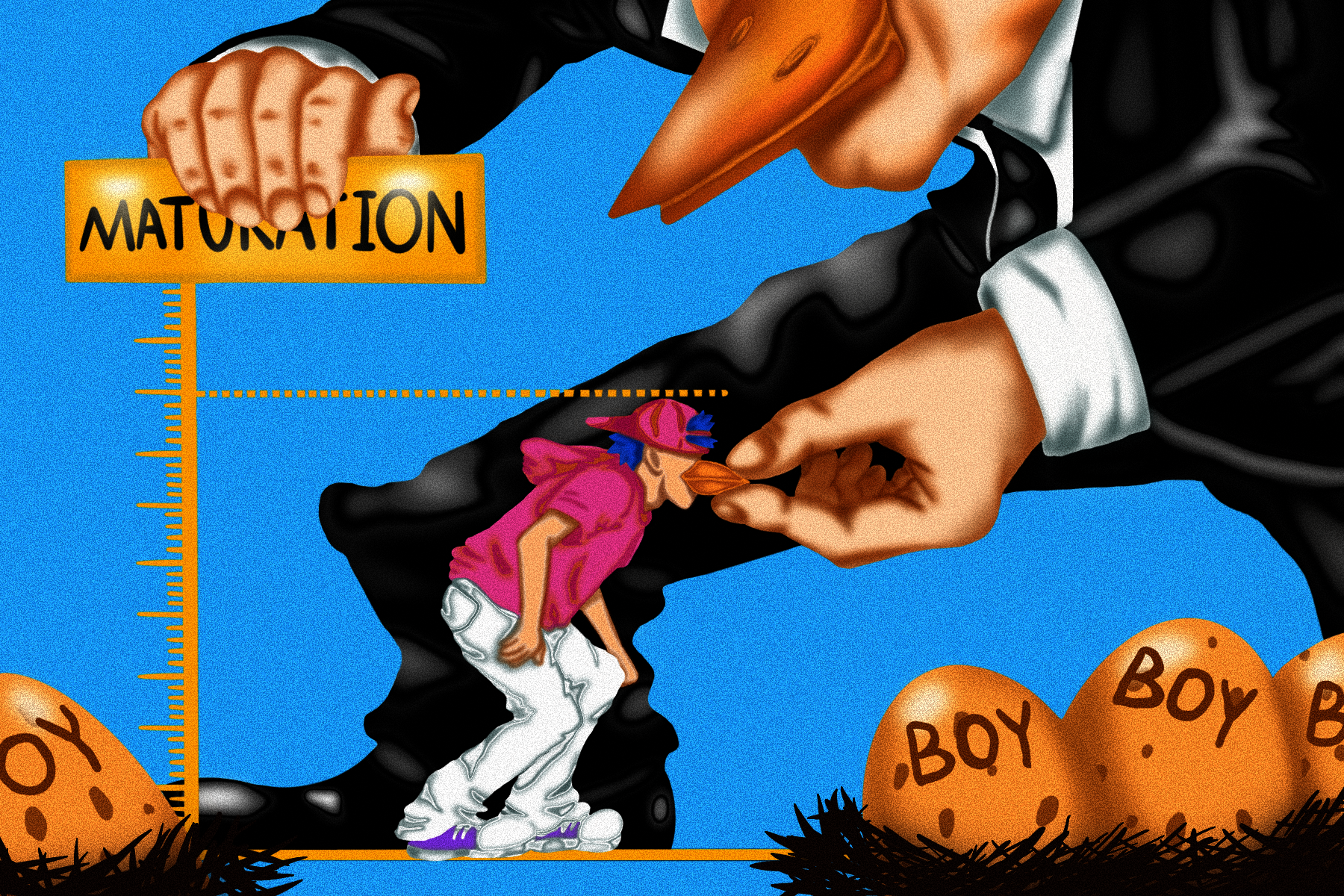 A surreal digital illustration depicting a bird-human figure in a black suit symbolizing patriarchal pressure. The figure grips the beak of a younger bird-boy character, preventing him from reaching “maturity” on a height measurement scale. Surrounding them are several eggs labeled “Boy.”