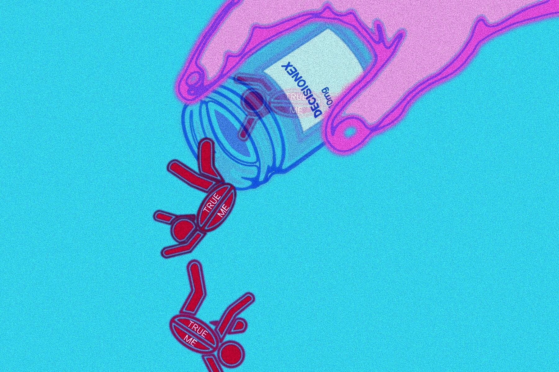 A surreal digital editorial illustration showing a large hand pouring a bottle labeled “DECISIONEX.” Spilling out from the bottle are human-shaped pills marked “TRUE ME.”
