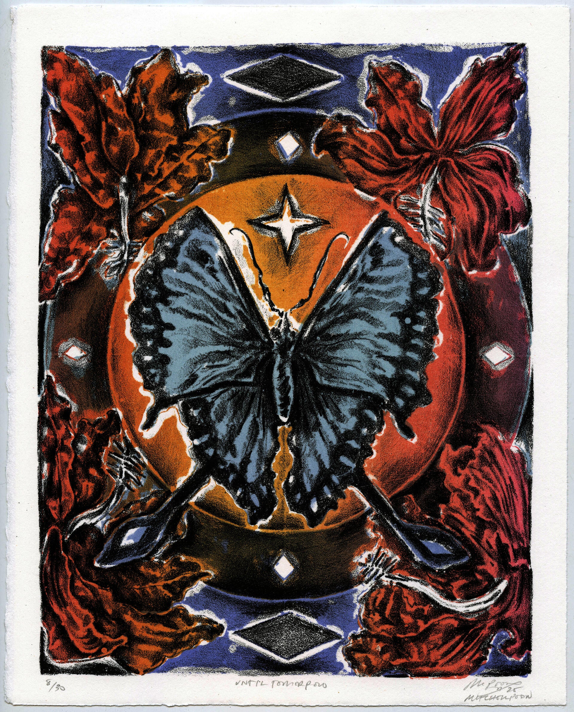 A blue butterfly is centered in the image and surrounded by four sunset-colored flowers.